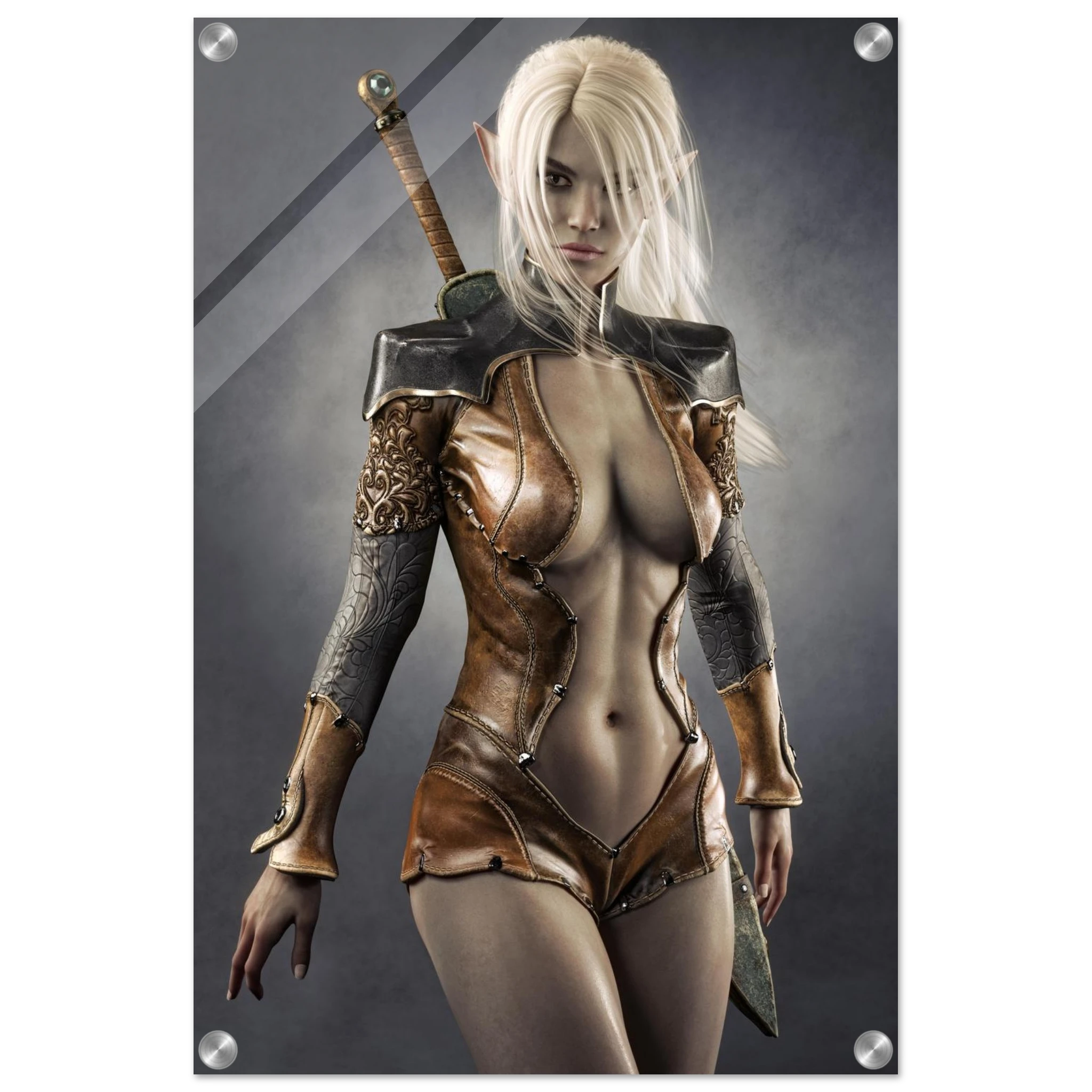 Handcrafted Dark Elf Warrior wall art featuring a white-haired female elven swordswoman in detailed leather armor with a longsword across her back. Fantasy artwork perfect for gaming rooms, RPG fans, and medieval fantasy décor.