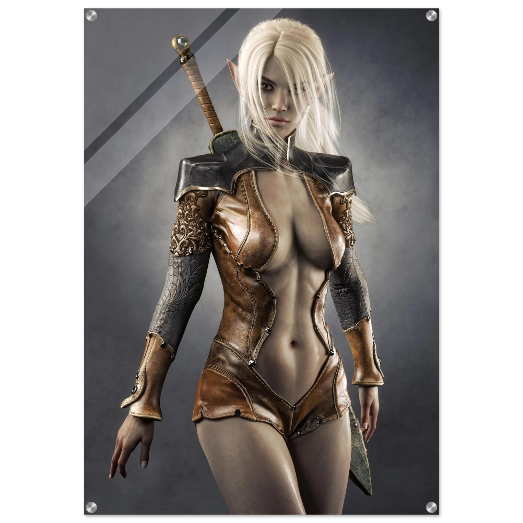 Handcrafted Dark Elf Warrior wall art featuring a white-haired female elven swordswoman in detailed leather armor with a longsword across her back. Fantasy artwork perfect for gaming rooms, RPG fans, and medieval fantasy décor.