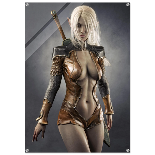 Handcrafted Dark Elf Warrior wall art featuring a white-haired female elven swordswoman in detailed leather armor with a longsword across her back. Fantasy artwork perfect for gaming rooms, RPG fans, and medieval fantasy décor.