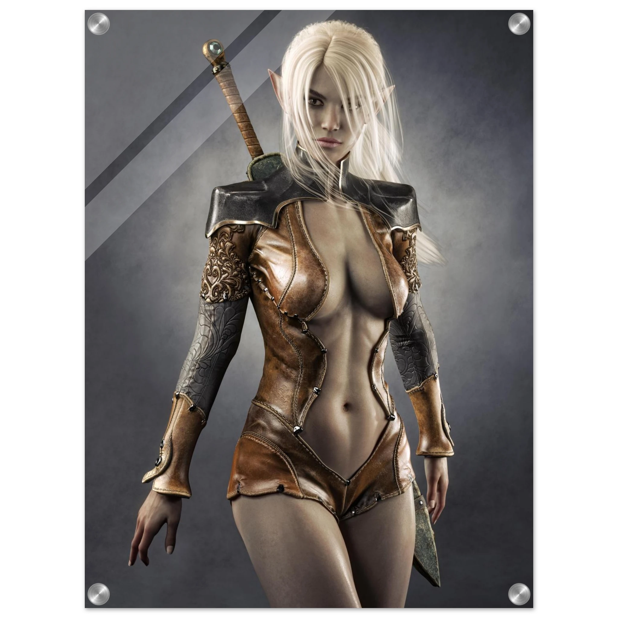 Handcrafted Dark Elf Warrior wall art featuring a white-haired female elven swordswoman in detailed leather armor with a longsword across her back. Fantasy artwork perfect for gaming rooms, RPG fans, and medieval fantasy décor.