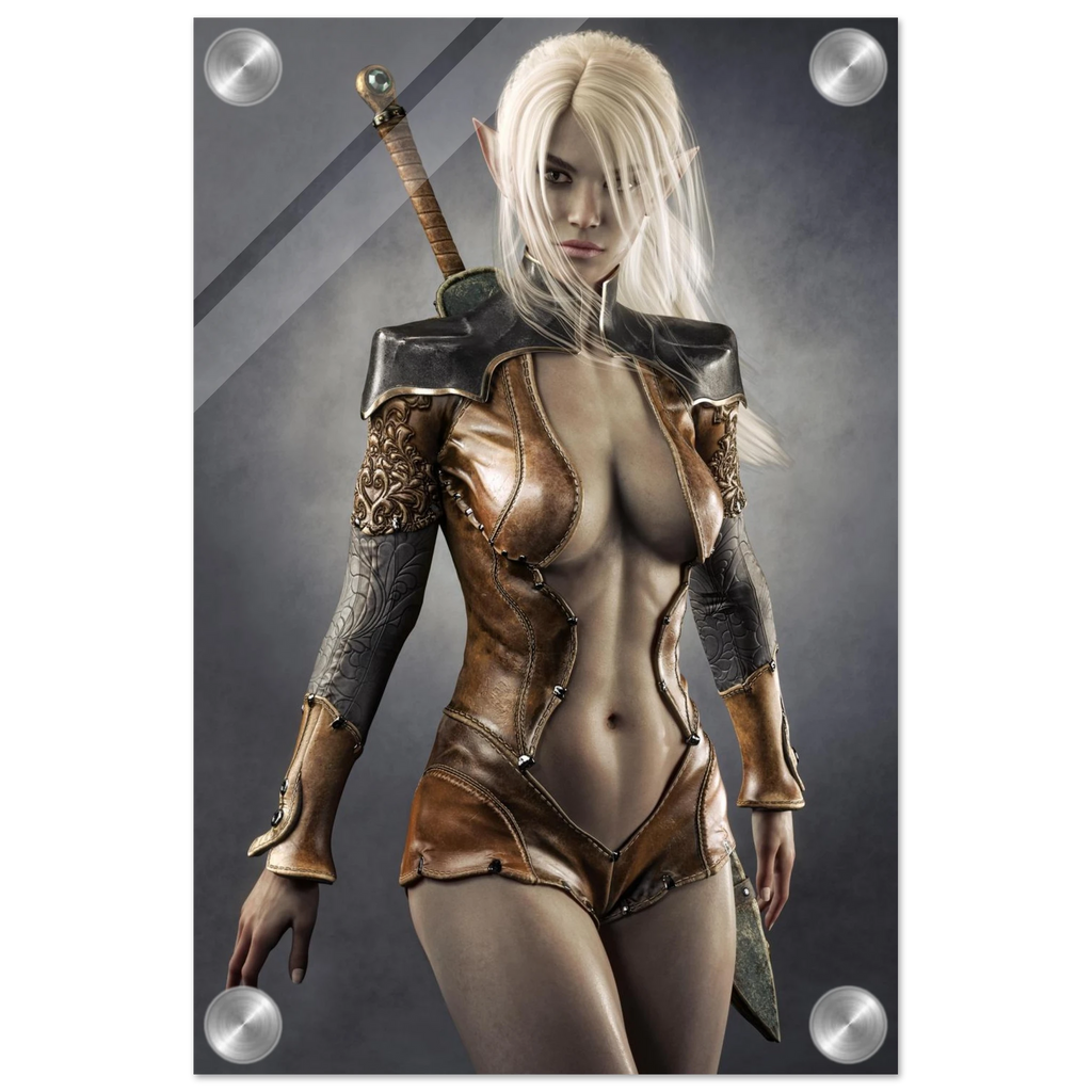 Handcrafted Dark Elf Warrior wall art featuring a white-haired female elven swordswoman in detailed leather armor with a longsword across her back. Fantasy artwork perfect for gaming rooms, RPG fans, and medieval fantasy décor.
