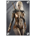 Handcrafted Dark Elf Warrior wall art featuring a white-haired female elven swordswoman in detailed leather armor with a longsword across her back. Fantasy artwork perfect for gaming rooms, RPG fans, and medieval fantasy décor.