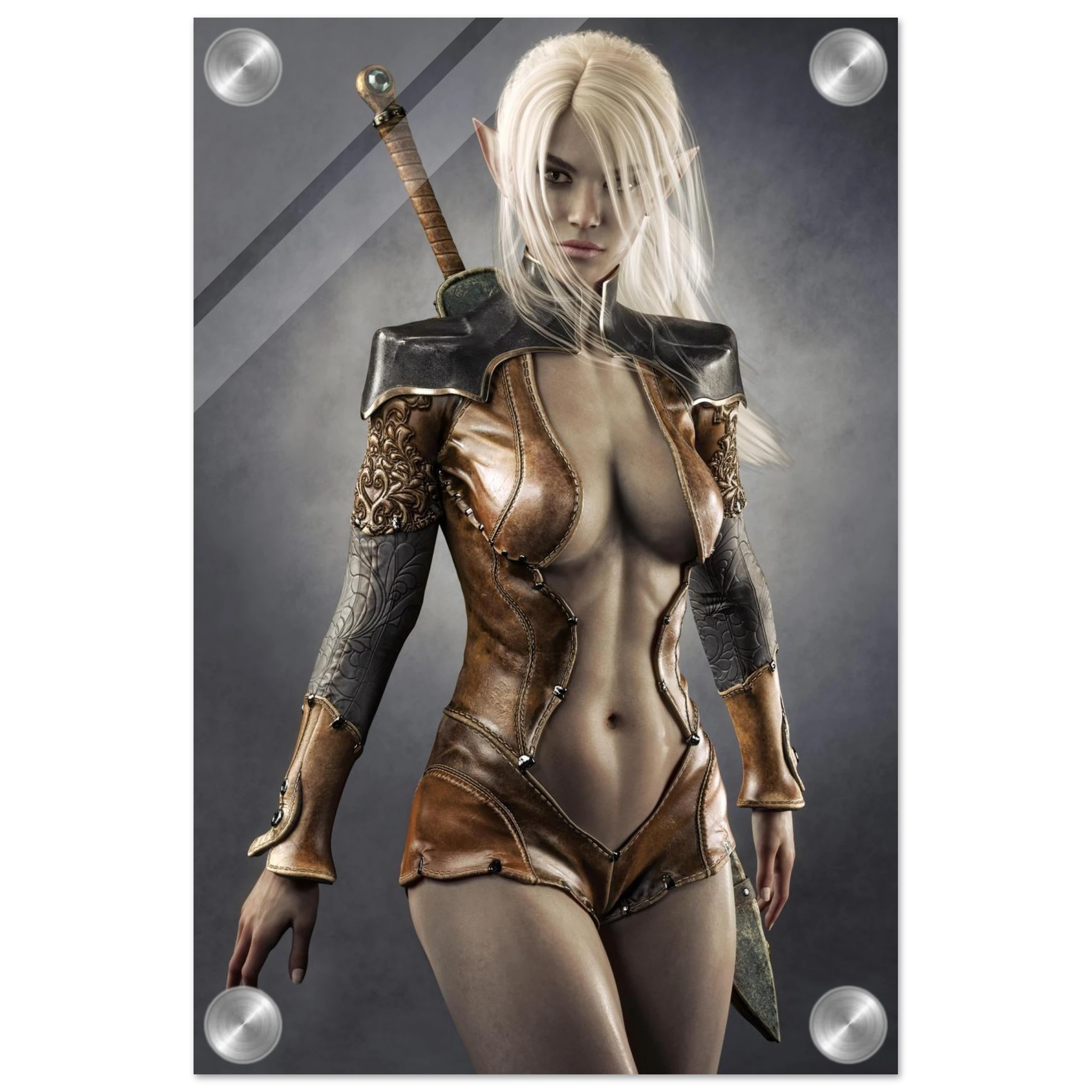 Handcrafted Dark Elf Warrior wall art featuring a white-haired female elven swordswoman in detailed leather armor with a longsword across her back. Fantasy artwork perfect for gaming rooms, RPG fans, and medieval fantasy décor.