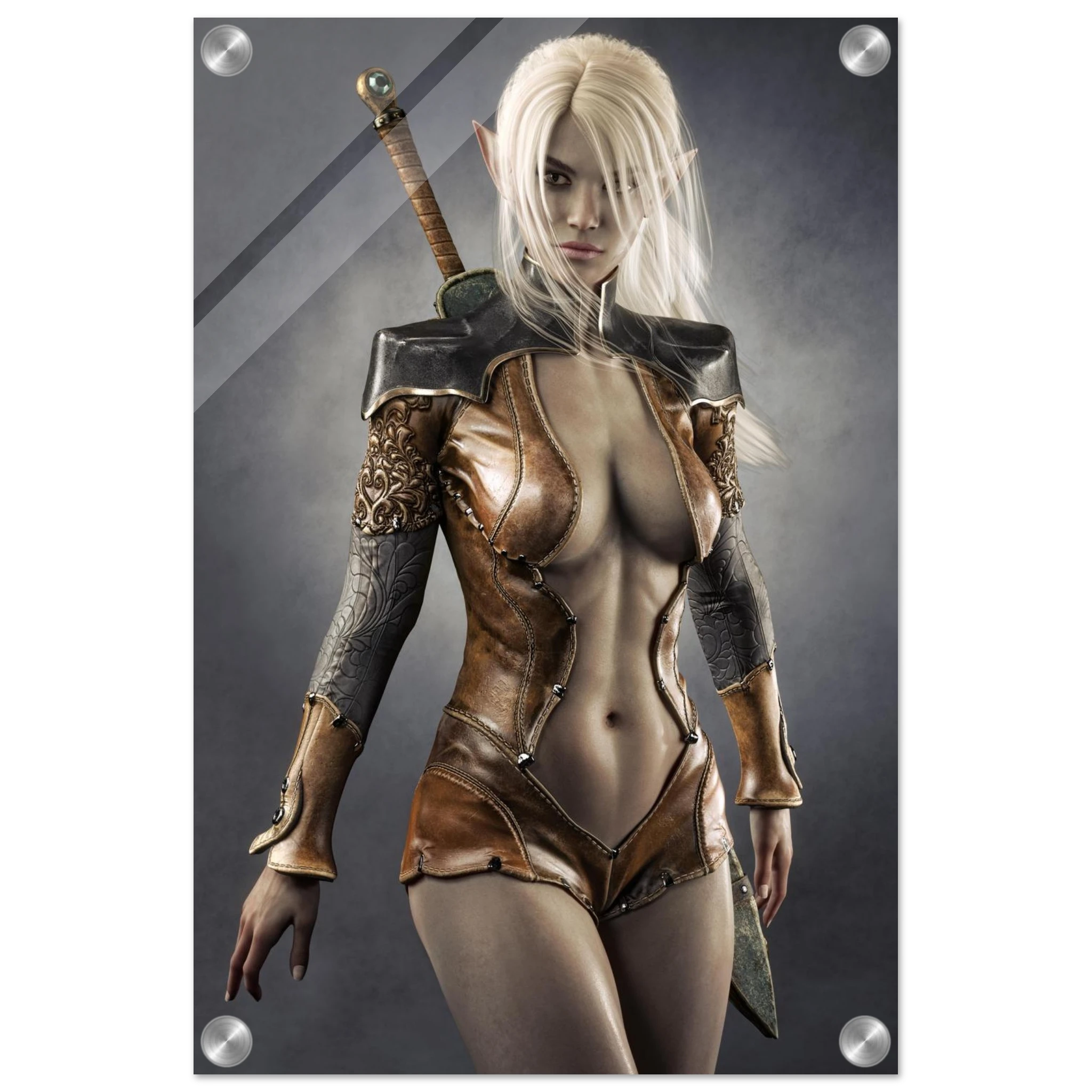 Handcrafted Dark Elf Warrior wall art featuring a white-haired female elven swordswoman in detailed leather armor with a longsword across her back. Fantasy artwork perfect for gaming rooms, RPG fans, and medieval fantasy décor.