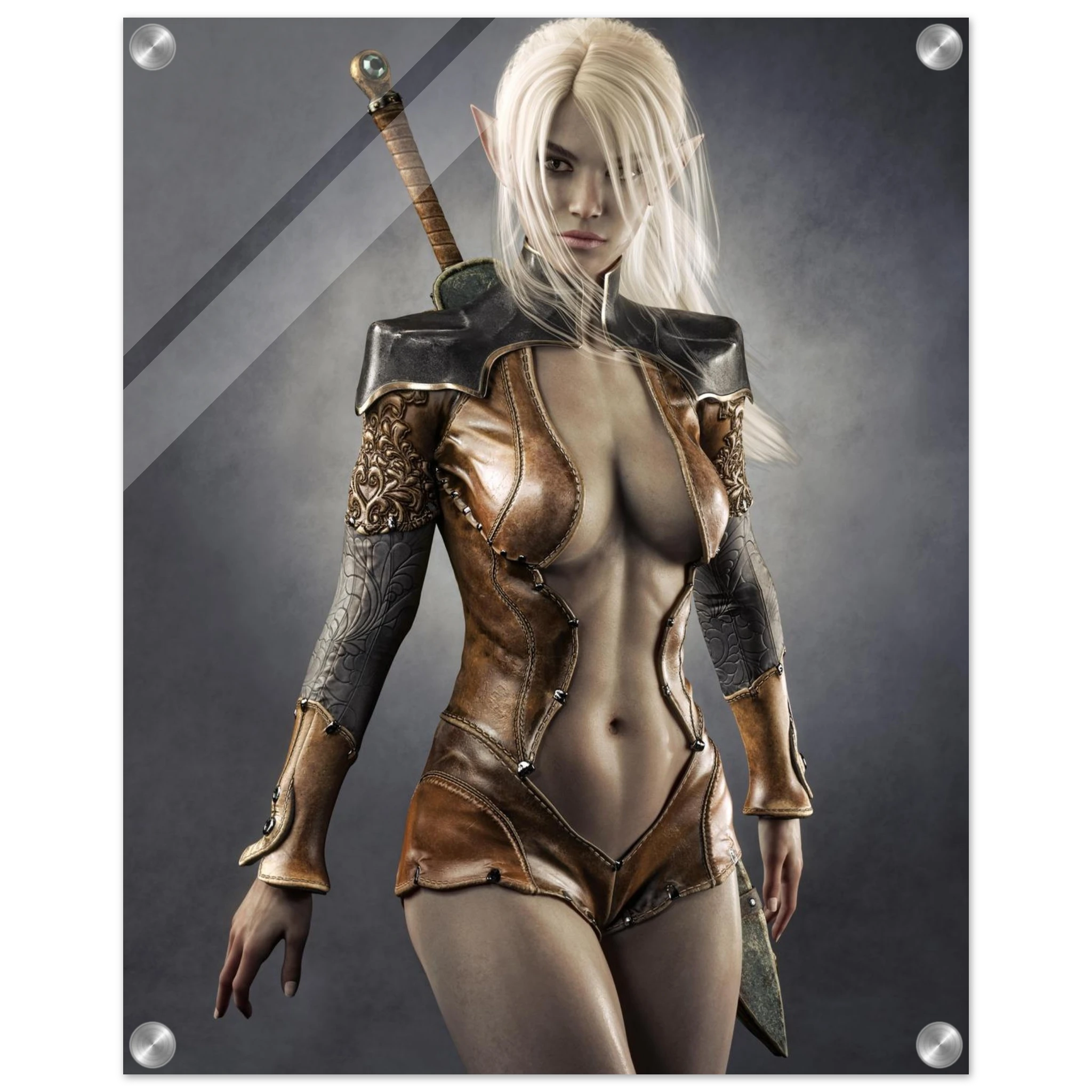Handcrafted Dark Elf Warrior wall art featuring a white-haired female elven swordswoman in detailed leather armor with a longsword across her back. Fantasy artwork perfect for gaming rooms, RPG fans, and medieval fantasy décor.