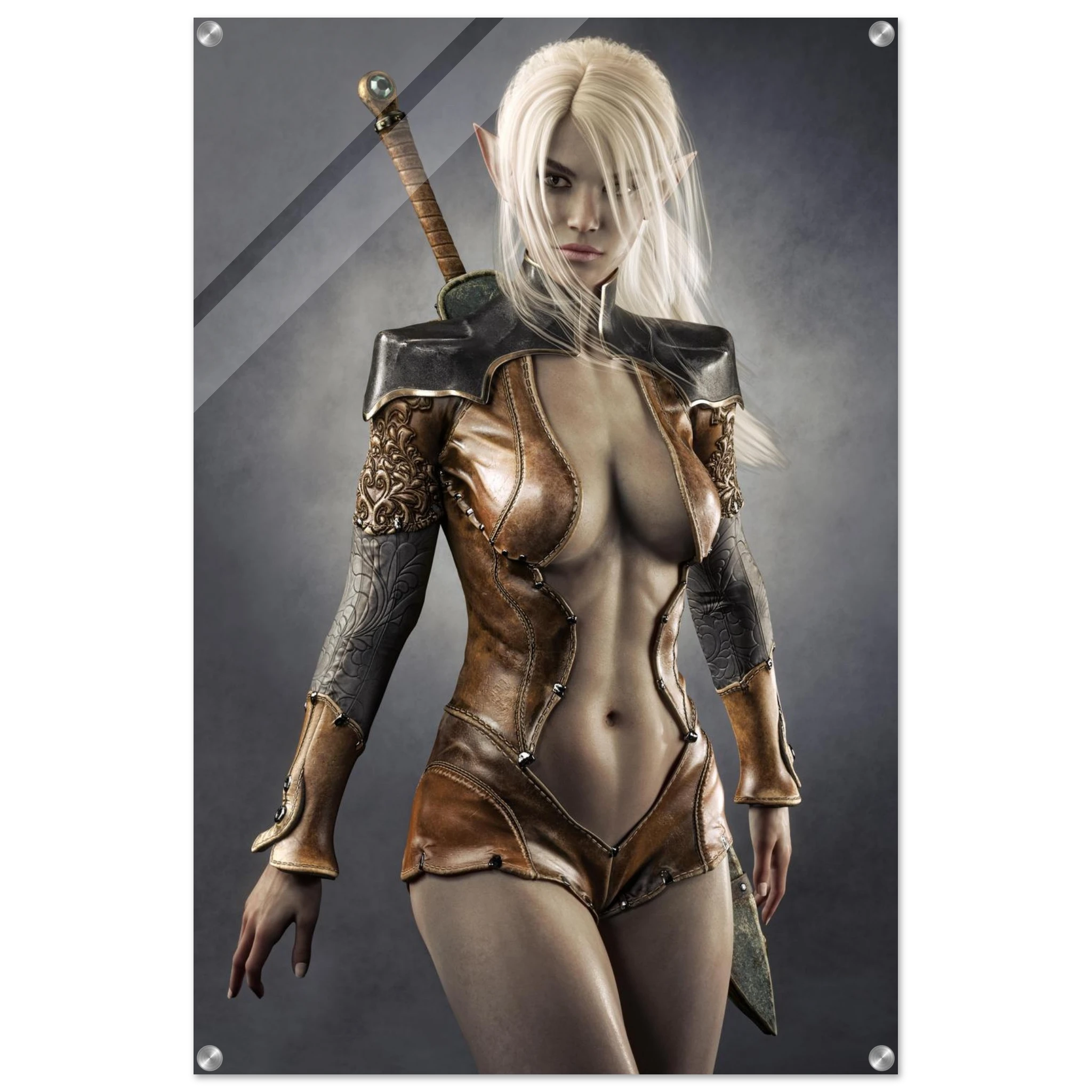 Handcrafted Dark Elf Warrior wall art featuring a white-haired female elven swordswoman in detailed leather armor with a longsword across her back. Fantasy artwork perfect for gaming rooms, RPG fans, and medieval fantasy décor.