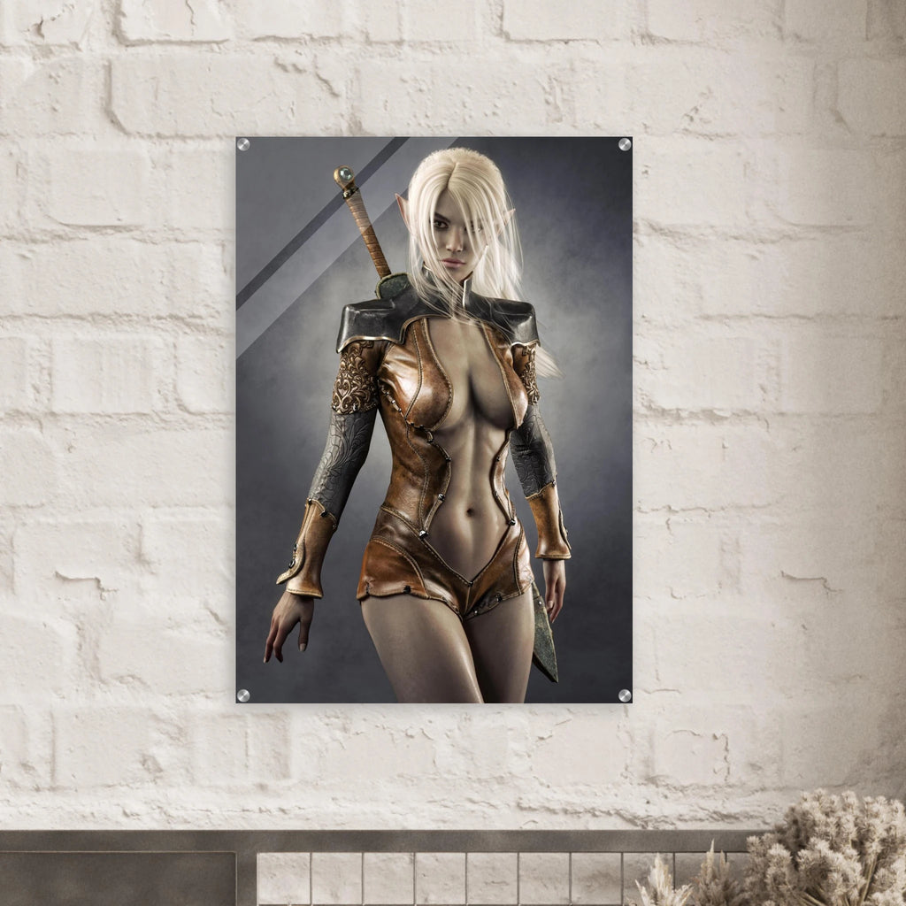 Handcrafted Dark Elf Warrior wall art featuring a white-haired female elven swordswoman in detailed leather armor with a longsword across her back. Fantasy artwork perfect for gaming rooms, RPG fans, and medieval fantasy décor.