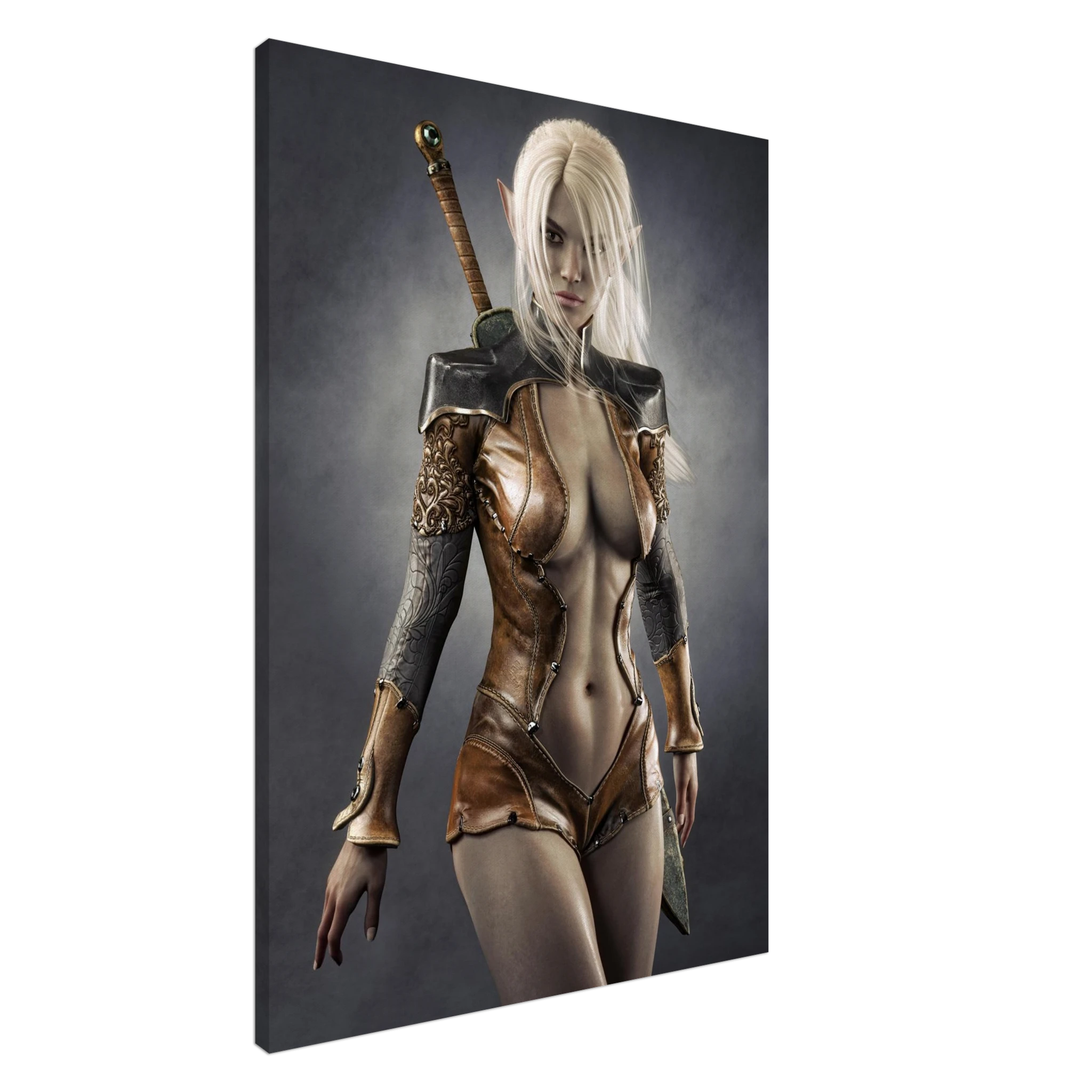 Handcrafted Dark Elf Warrior wall art featuring a white-haired female elven swordswoman in detailed leather armor with a longsword across her back. Fantasy artwork perfect for gaming rooms, RPG fans, and medieval fantasy décor.