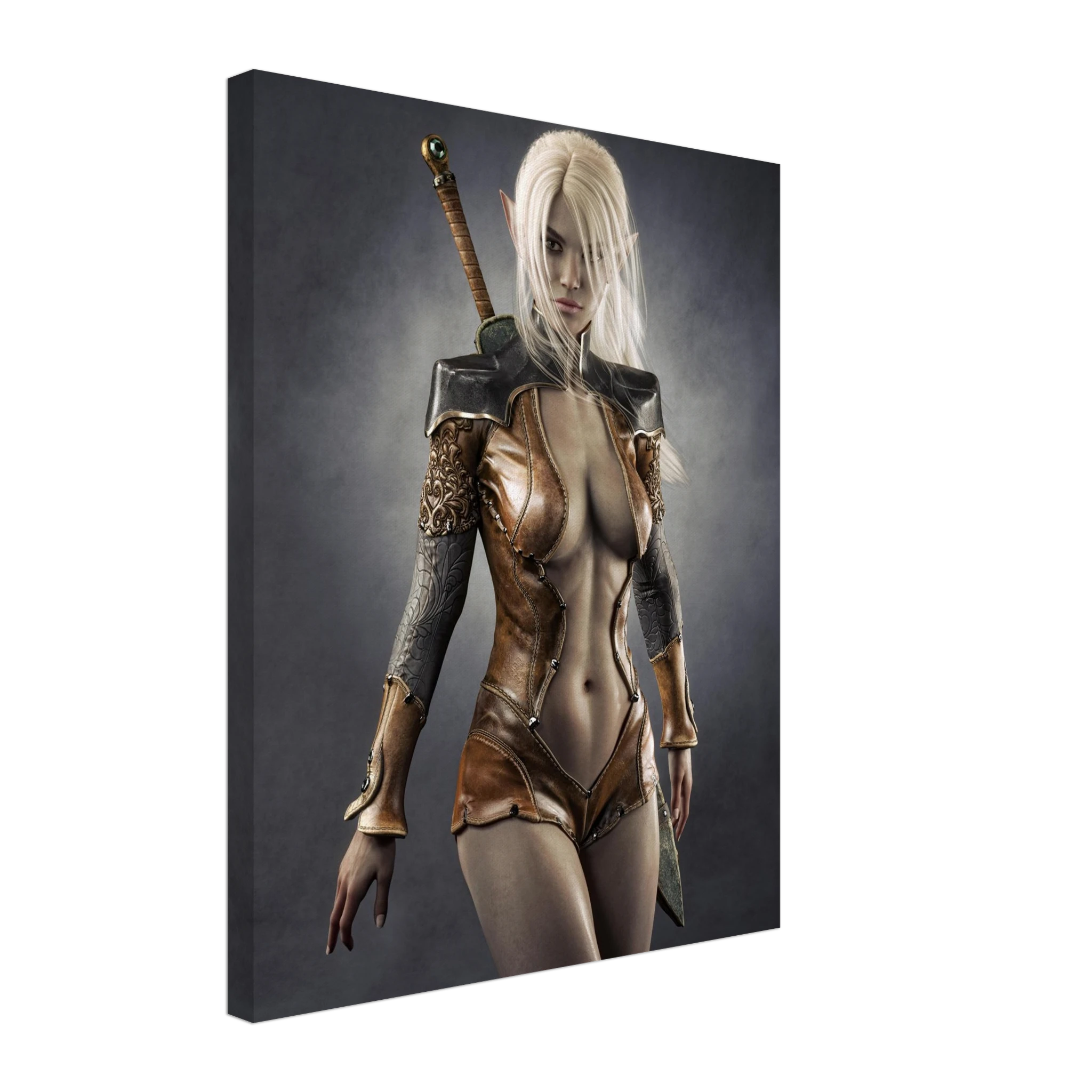 Handcrafted Dark Elf Warrior wall art featuring a white-haired female elven swordswoman in detailed leather armor with a longsword across her back. Fantasy artwork perfect for gaming rooms, RPG fans, and medieval fantasy décor.