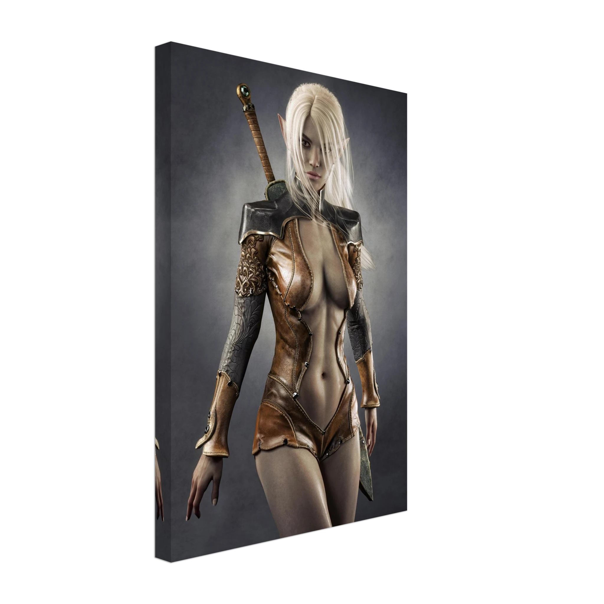 Handcrafted Dark Elf Warrior wall art featuring a white-haired female elven swordswoman in detailed leather armor with a longsword across her back. Fantasy artwork perfect for gaming rooms, RPG fans, and medieval fantasy décor.