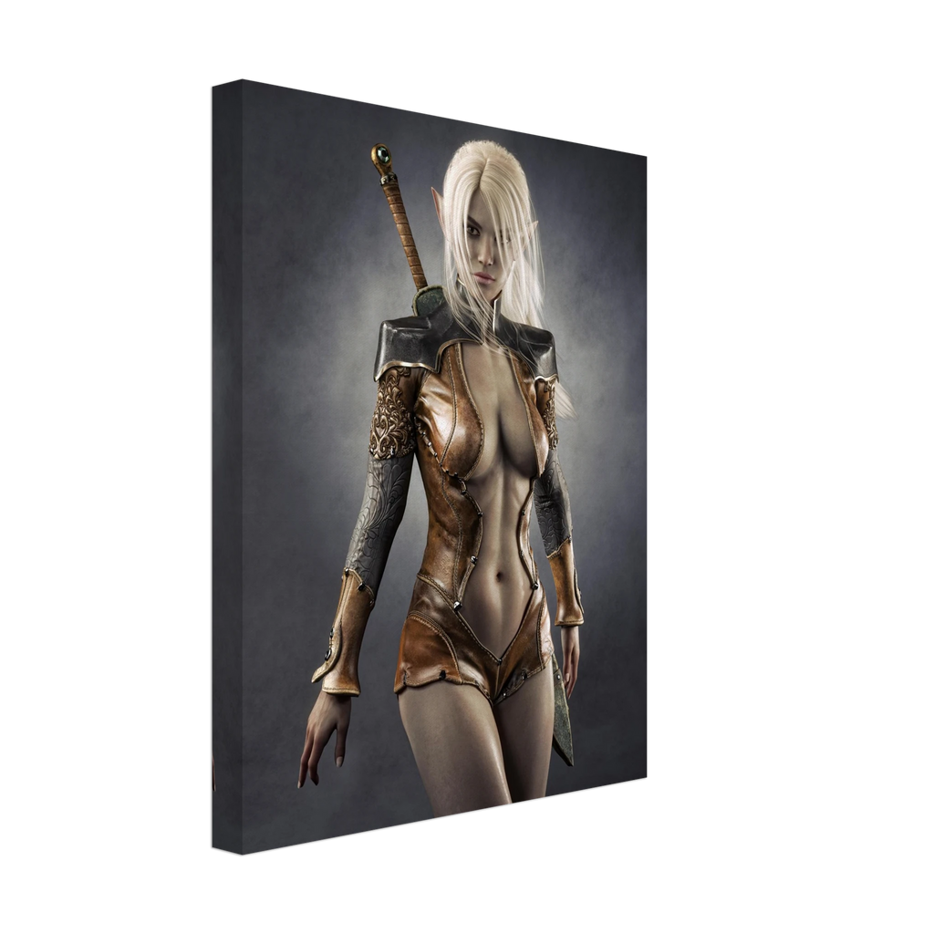 Handcrafted Dark Elf Warrior wall art featuring a white-haired female elven swordswoman in detailed leather armor with a longsword across her back. Fantasy artwork perfect for gaming rooms, RPG fans, and medieval fantasy décor.