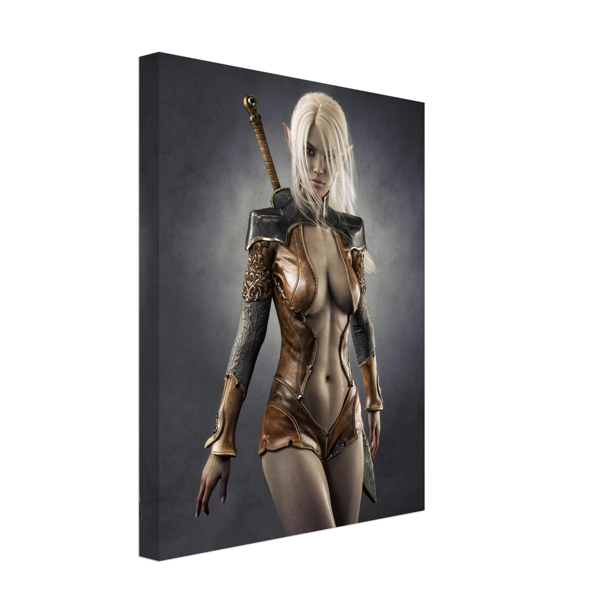 Handcrafted Dark Elf Warrior wall art featuring a white-haired female elven swordswoman in detailed leather armor with a longsword across her back. Fantasy artwork perfect for gaming rooms, RPG fans, and medieval fantasy décor.