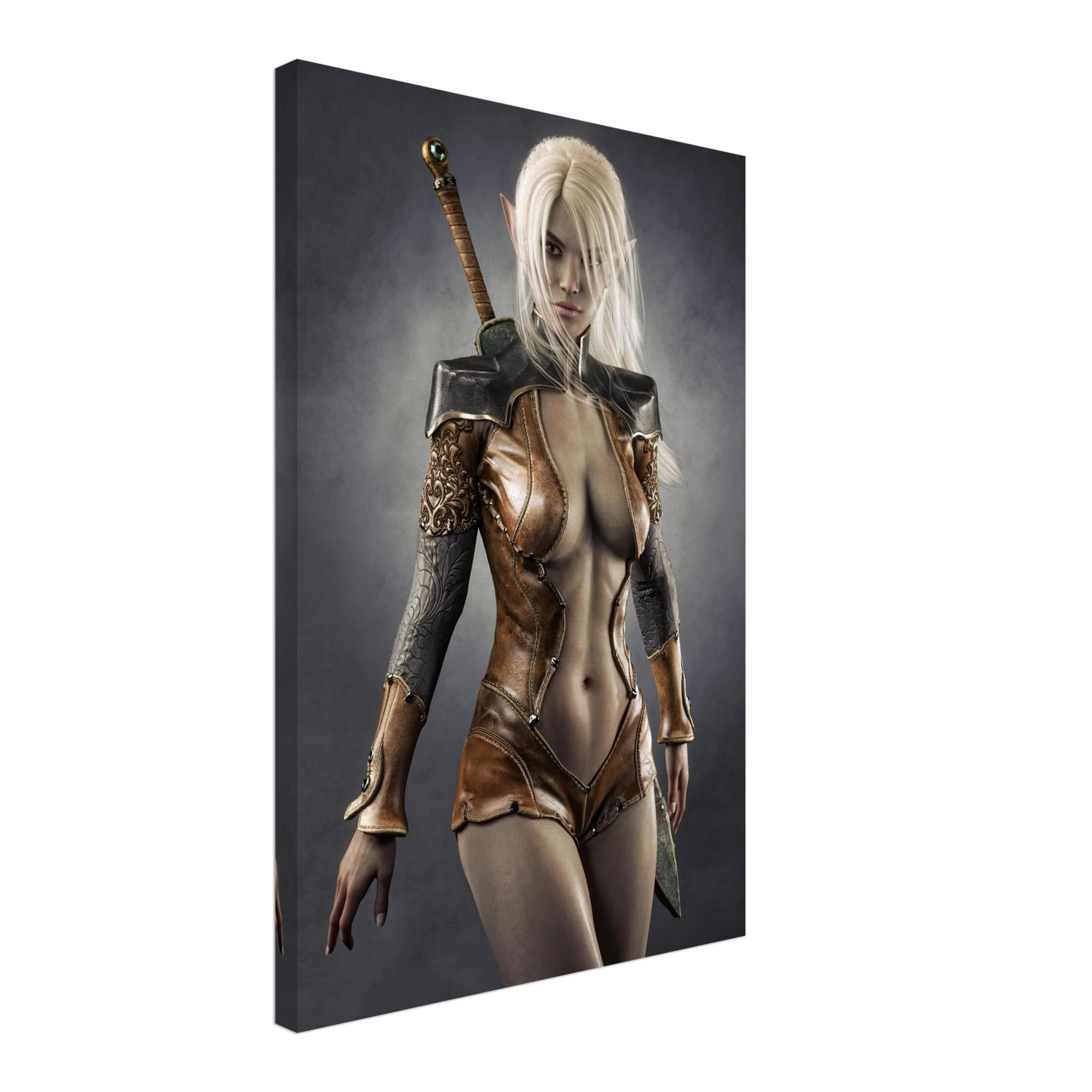 Handcrafted Dark Elf Warrior wall art featuring a white-haired female elven swordswoman in detailed leather armor with a longsword across her back. Fantasy artwork perfect for gaming rooms, RPG fans, and medieval fantasy décor.
