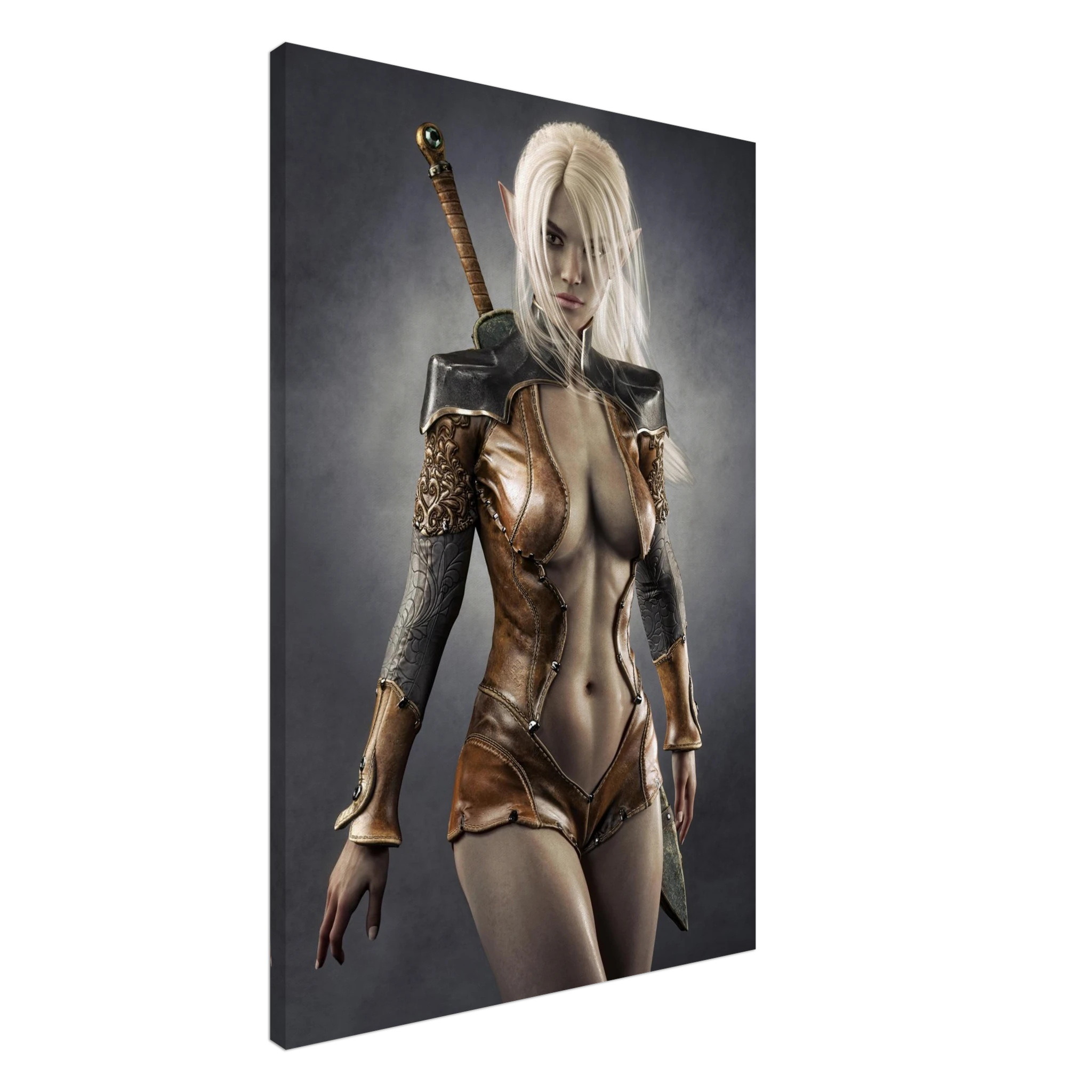 Handcrafted Dark Elf Warrior wall art featuring a white-haired female elven swordswoman in detailed leather armor with a longsword across her back. Fantasy artwork perfect for gaming rooms, RPG fans, and medieval fantasy décor.