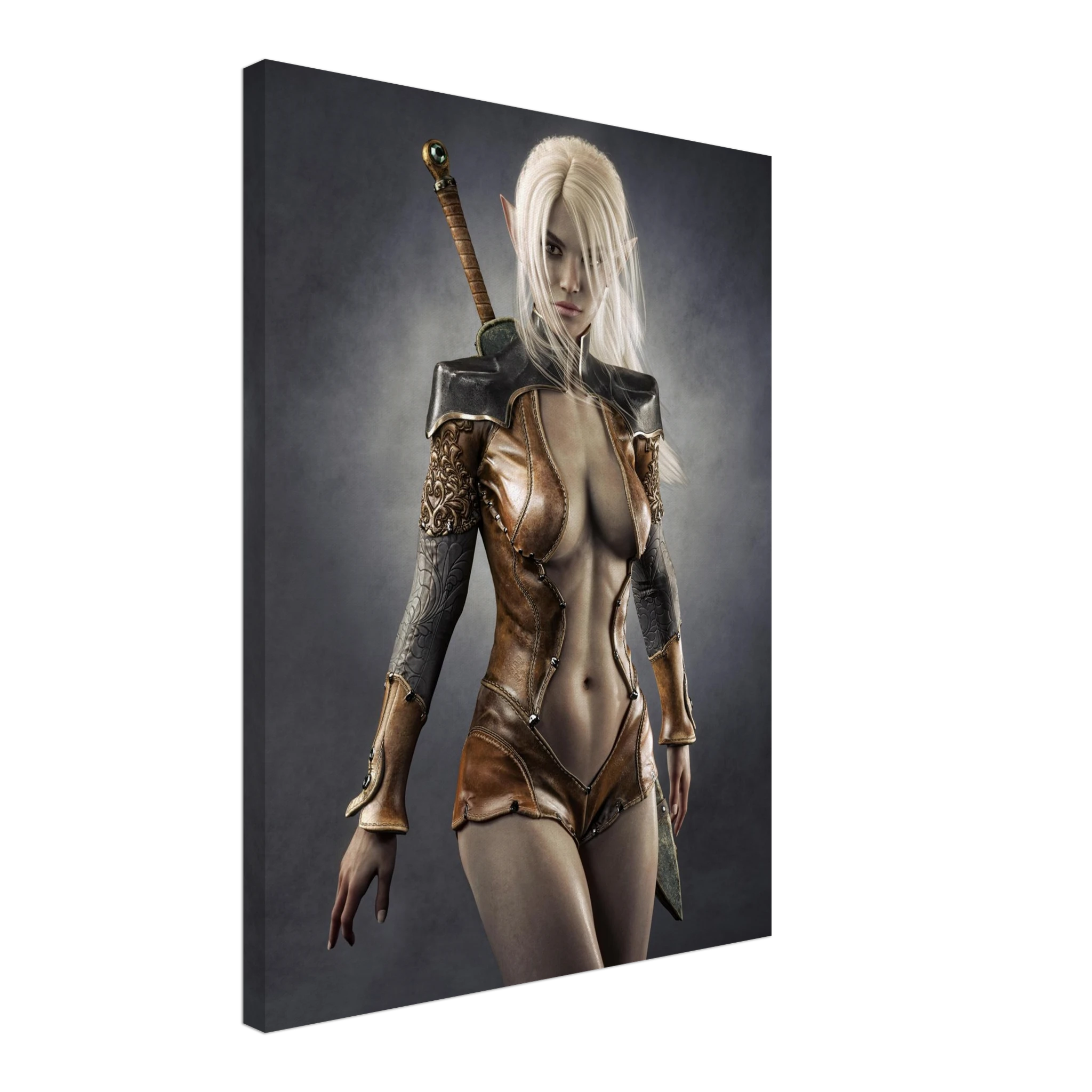 Handcrafted Dark Elf Warrior wall art featuring a white-haired female elven swordswoman in detailed leather armor with a longsword across her back. Fantasy artwork perfect for gaming rooms, RPG fans, and medieval fantasy décor.