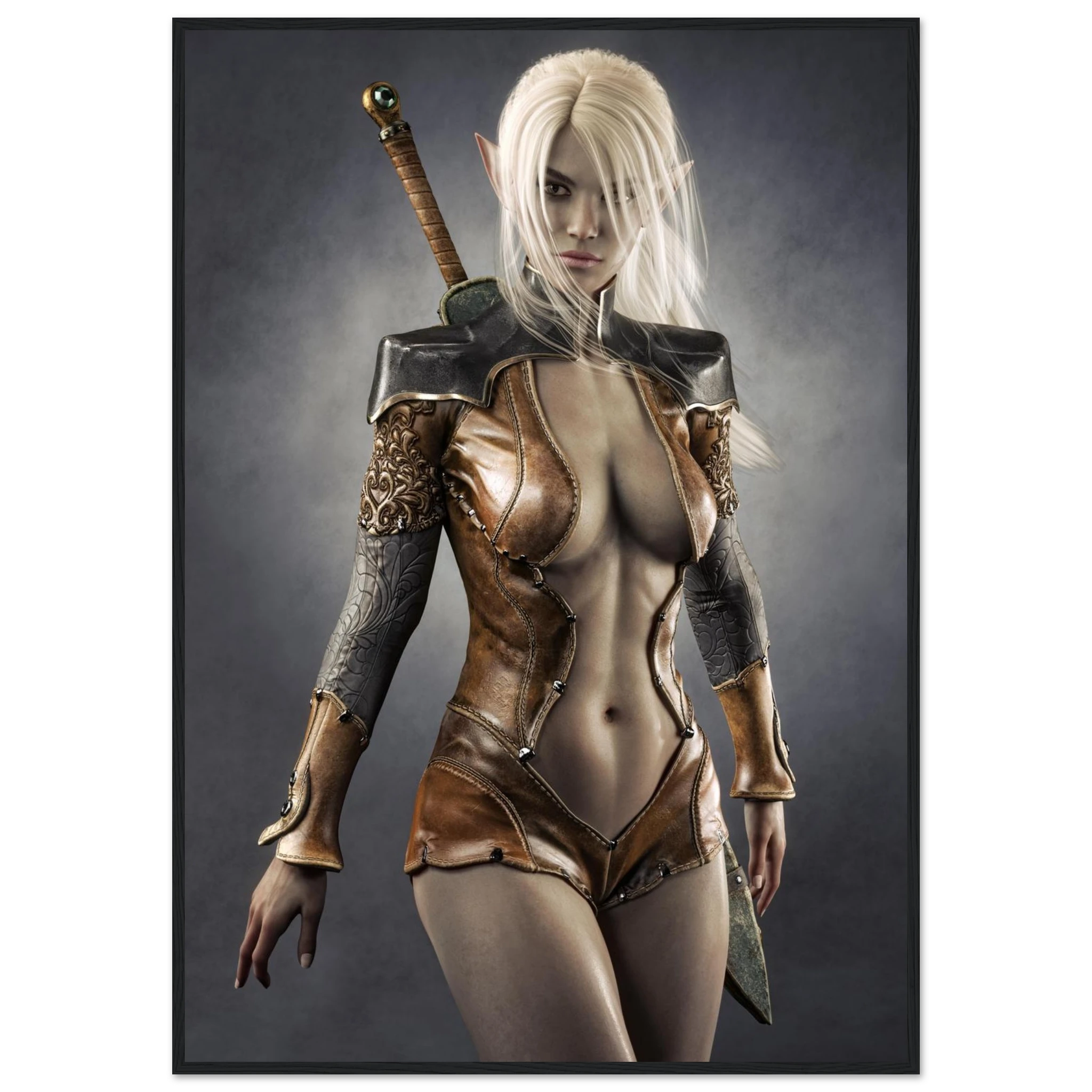 A vertical fantasy art print featuring a female elf warrior with long white hair, wearing a brown and black leather armor bodysuit with a sword on her back, set against a dark gray background.