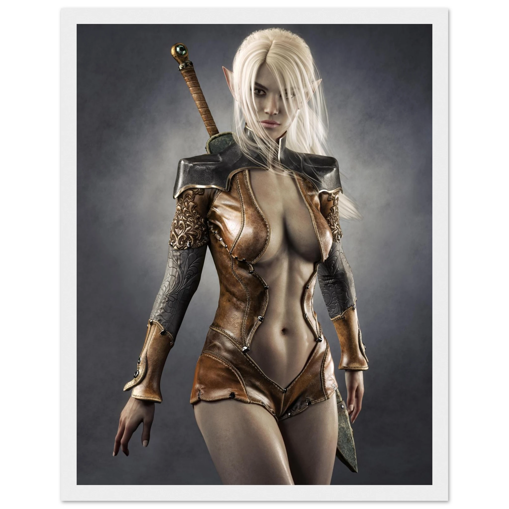 A fantasy art print of an elf female warrior with long white hair, wearing brown leather armor and holding a sword on her back, presented with a white border.