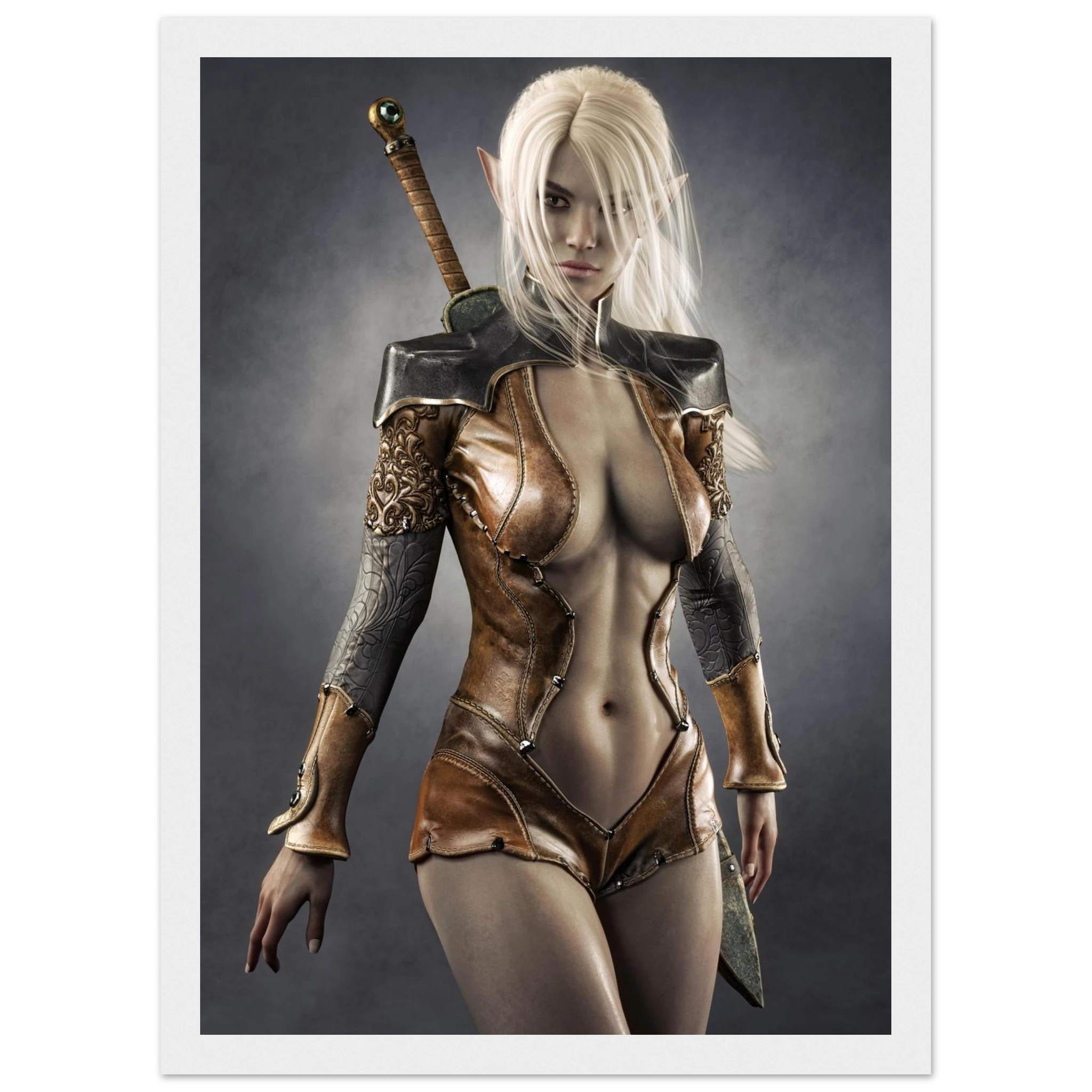 A vertical art print featuring a fantasy female elf character with long platinum-blonde hair, wearing a metallic bronze and dark gray leather armor bodysuit with a sword on her back, set against a dark gray studio background.