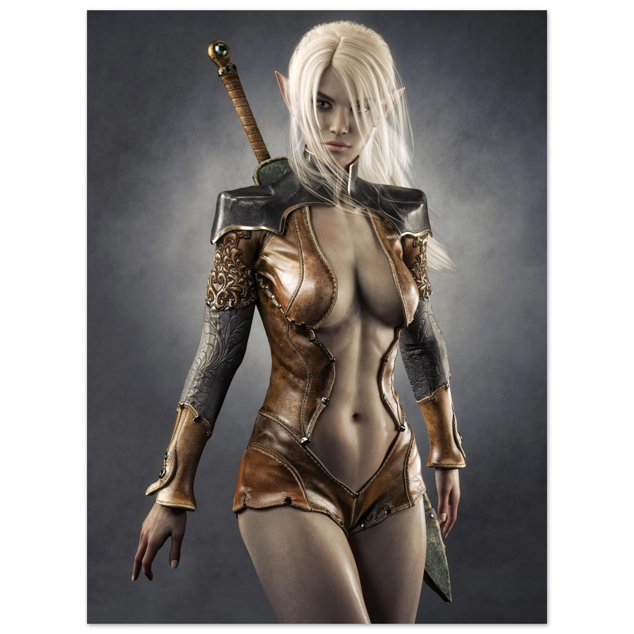 Handcrafted Dark Elf Warrior wall art featuring a white-haired female elven swordswoman in detailed leather armor with a longsword across her back. Fantasy artwork perfect for gaming rooms, RPG fans, and medieval fantasy décor.