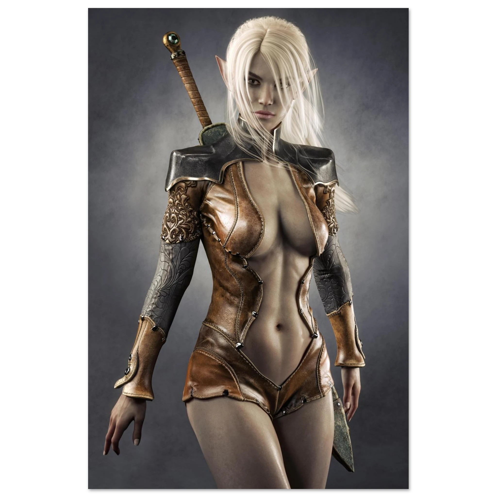 Handcrafted Dark Elf Warrior wall art featuring a white-haired female elven swordswoman in detailed leather armor with a longsword across her back. Fantasy artwork perfect for gaming rooms, RPG fans, and medieval fantasy décor.