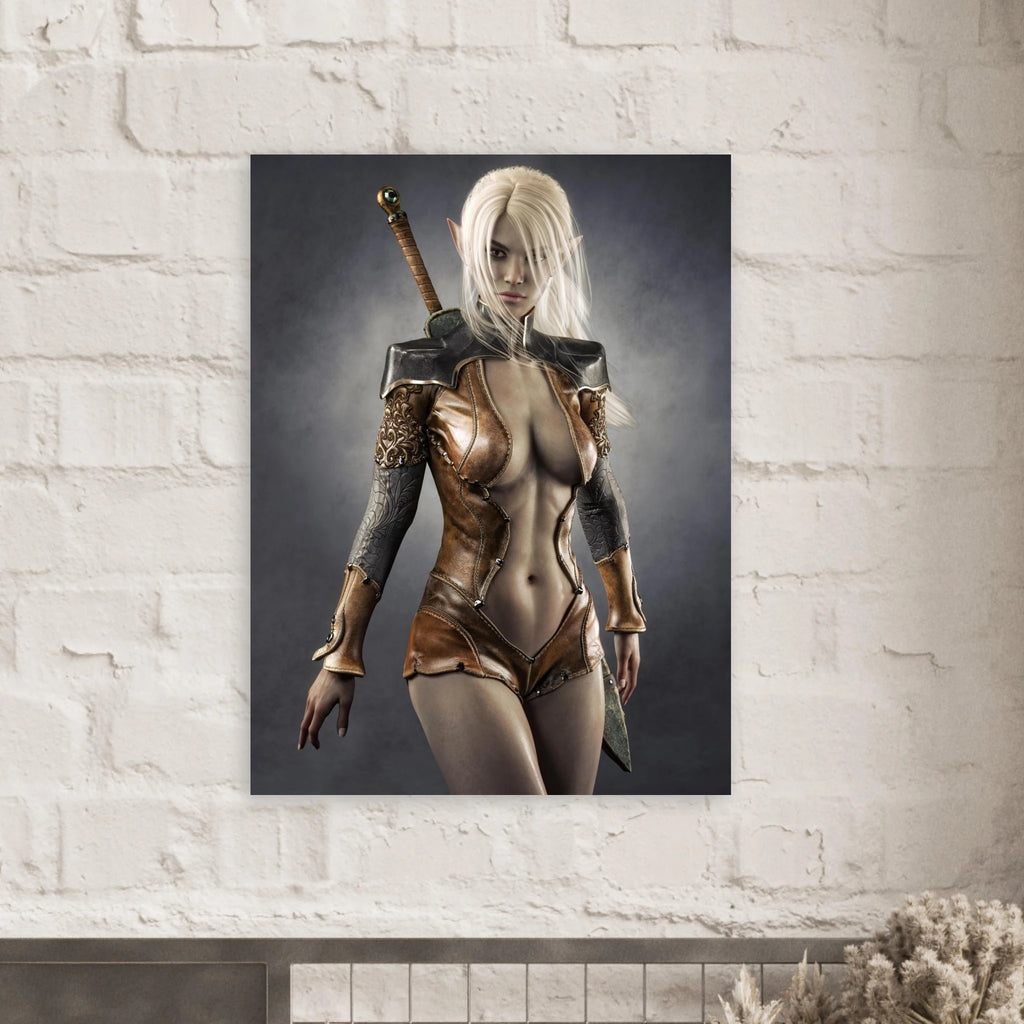 Handcrafted Dark Elf Warrior wall art featuring a white-haired female elven swordswoman in detailed leather armor with a longsword across her back. Fantasy artwork perfect for gaming rooms, RPG fans, and medieval fantasy décor.