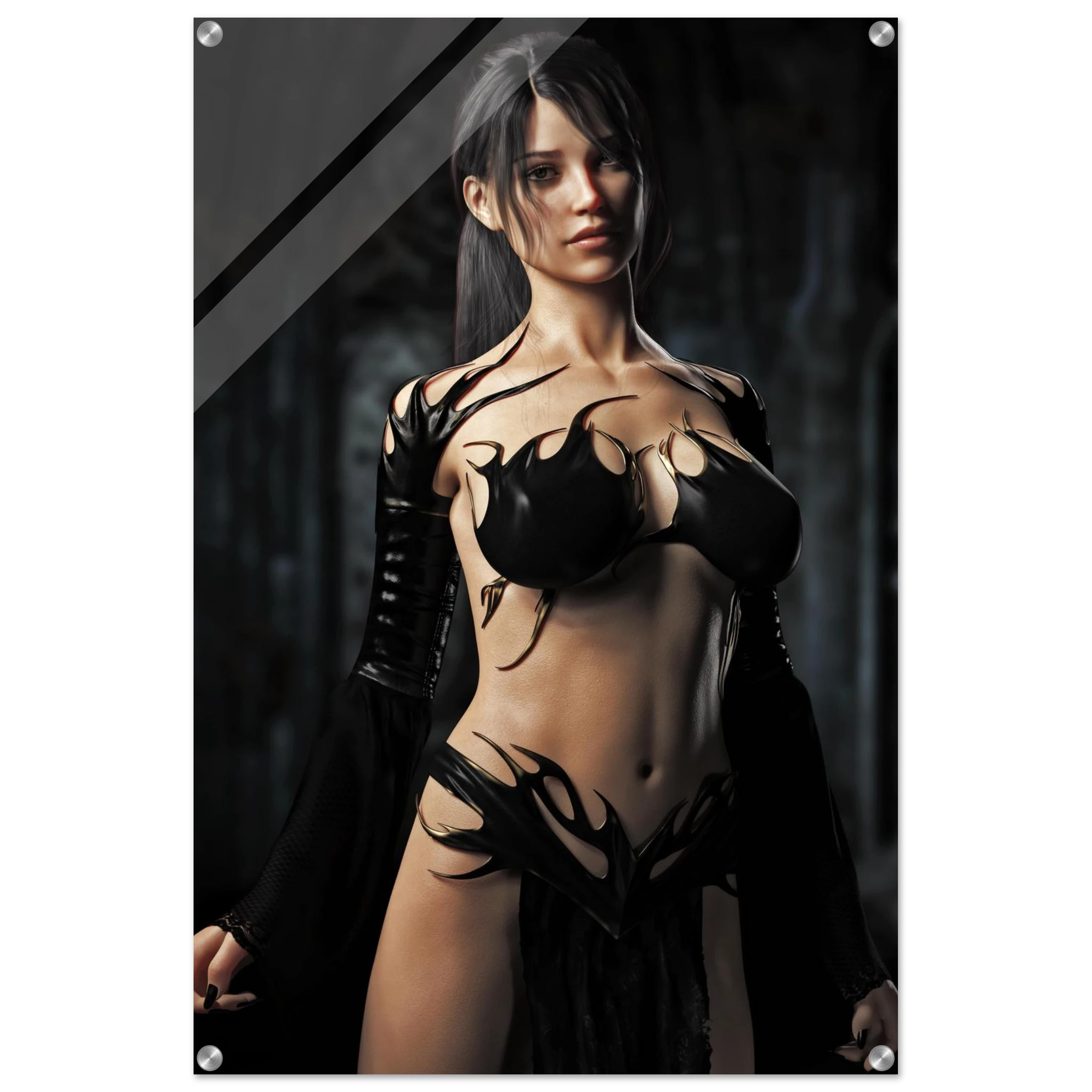 Handcrafted Dark Sorceress wall art featuring a powerful gothic fantasy spellcaster in elegant black attire inside an ancient cathedral. Fantasy artwork perfect for gaming rooms, RPG fans, and gothic fantasy décor.
