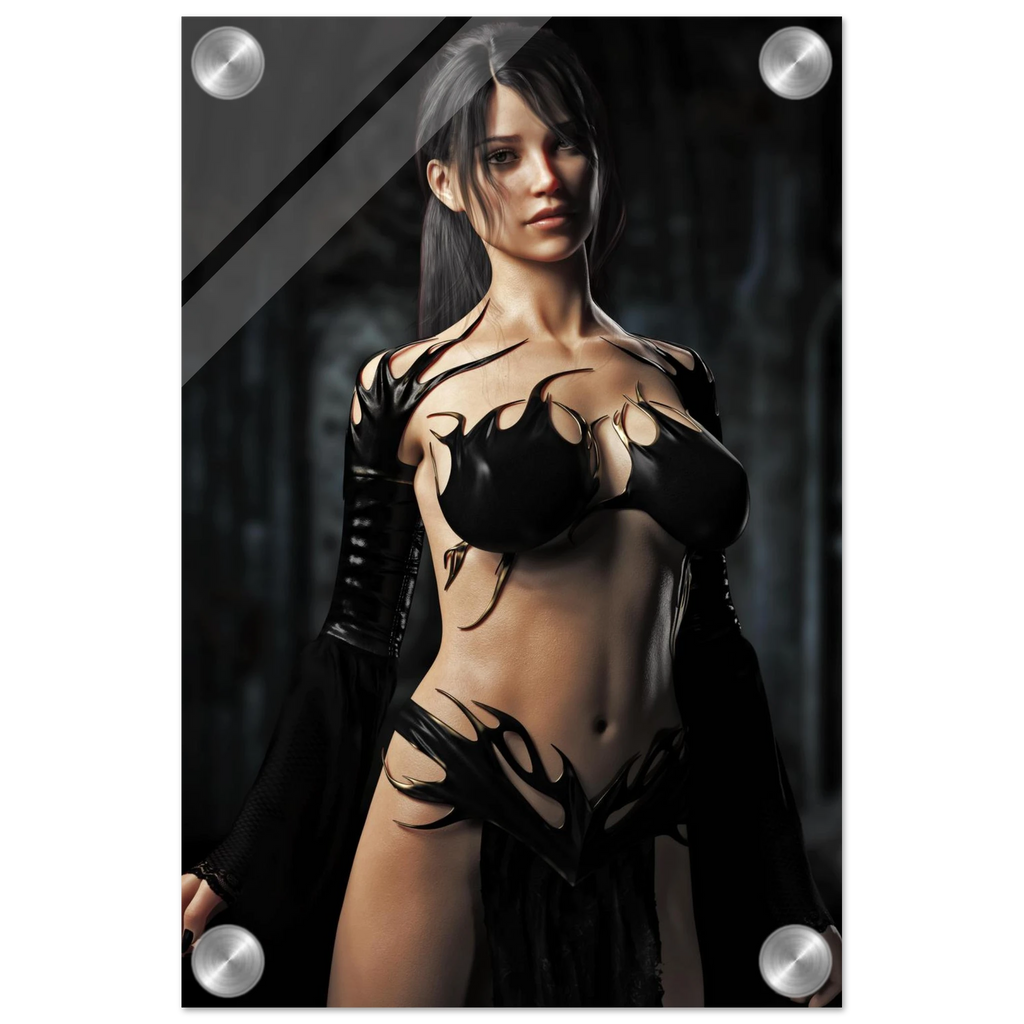 Handcrafted Dark Sorceress wall art featuring a powerful gothic fantasy spellcaster in elegant black attire inside an ancient cathedral. Fantasy artwork perfect for gaming rooms, RPG fans, and gothic fantasy décor.