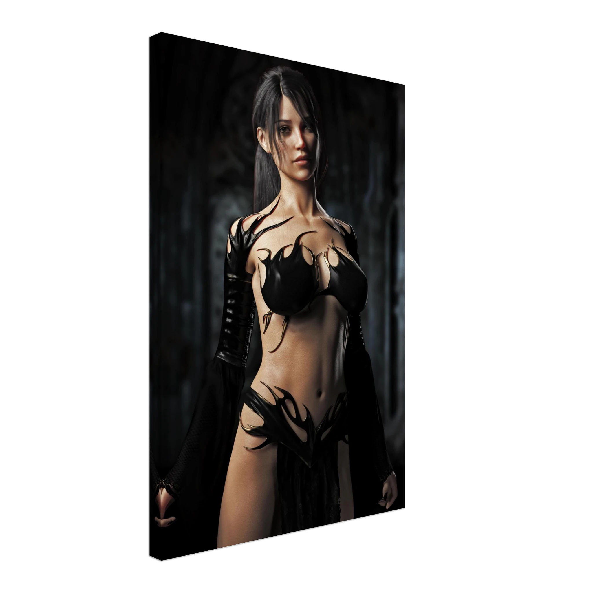 Handcrafted Dark Sorceress wall art featuring a powerful gothic fantasy spellcaster in elegant black attire inside an ancient cathedral. Fantasy artwork perfect for gaming rooms, RPG fans, and gothic fantasy décor.