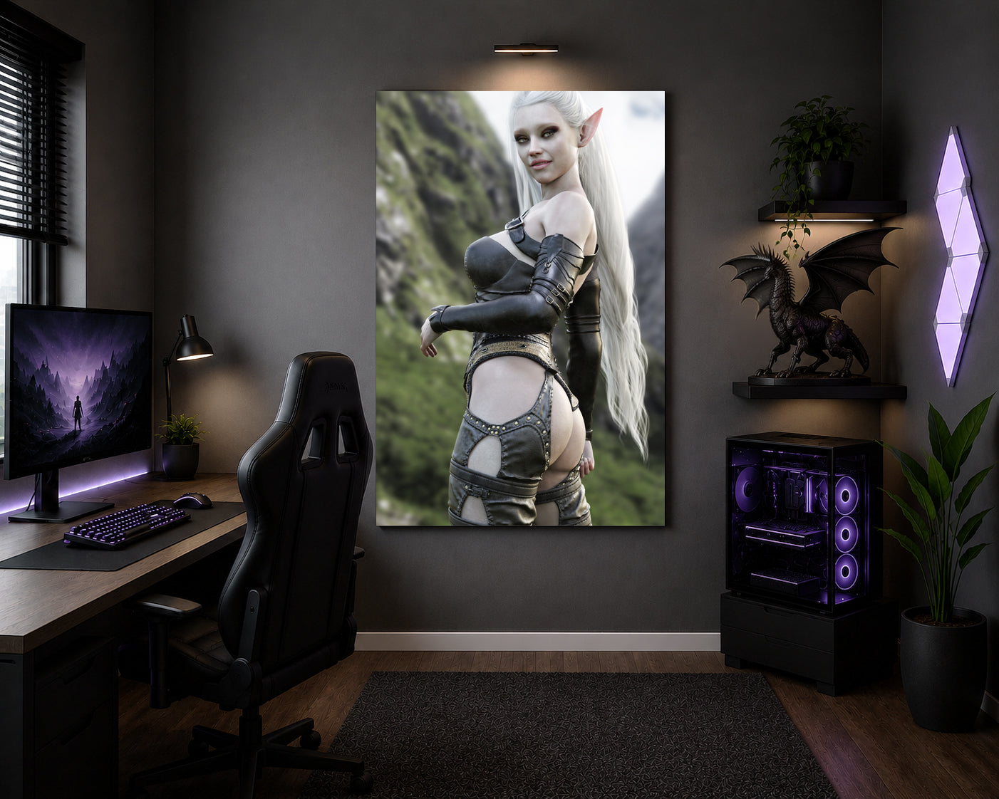 Fantasy wall art featuring a white-haired dark elf with piercing eyes and elegant armor, standing against rugged mountain cliffs in a magical realm.
