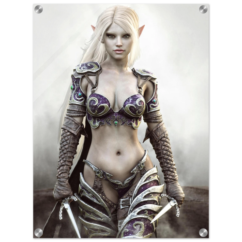 A vertical wall art print featuring a fantasy elf woman with long platinum-blonde hair, pointed ears, and ornate purple-and-silver armor, shown against a smoky gray background. The print has rounded corners and visible metal grommets, indicating it is a physical product photo rather than a flat digital graphic.