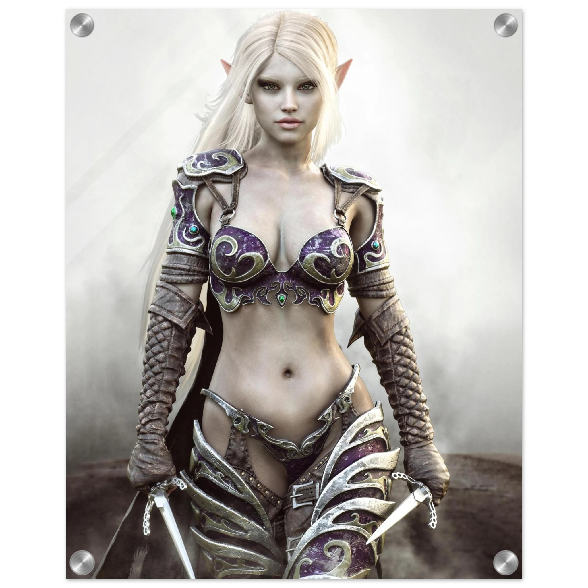 A vertical wall art print featuring a fantasy female elf warrior with long platinum-blonde hair, wearing ornate purple and silver armor, shown against a smoky gray background. The print is displayed on a white wall with visible mounting holes in the corners.