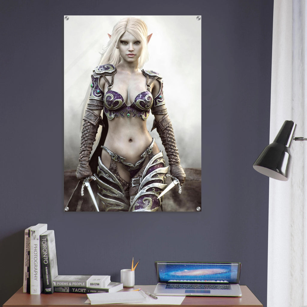 A vertical wall poster featuring a fantasy female warrior with long white hair and metallic armor, displayed on a dark gray wall above a desk with books, a laptop, and a lamp.