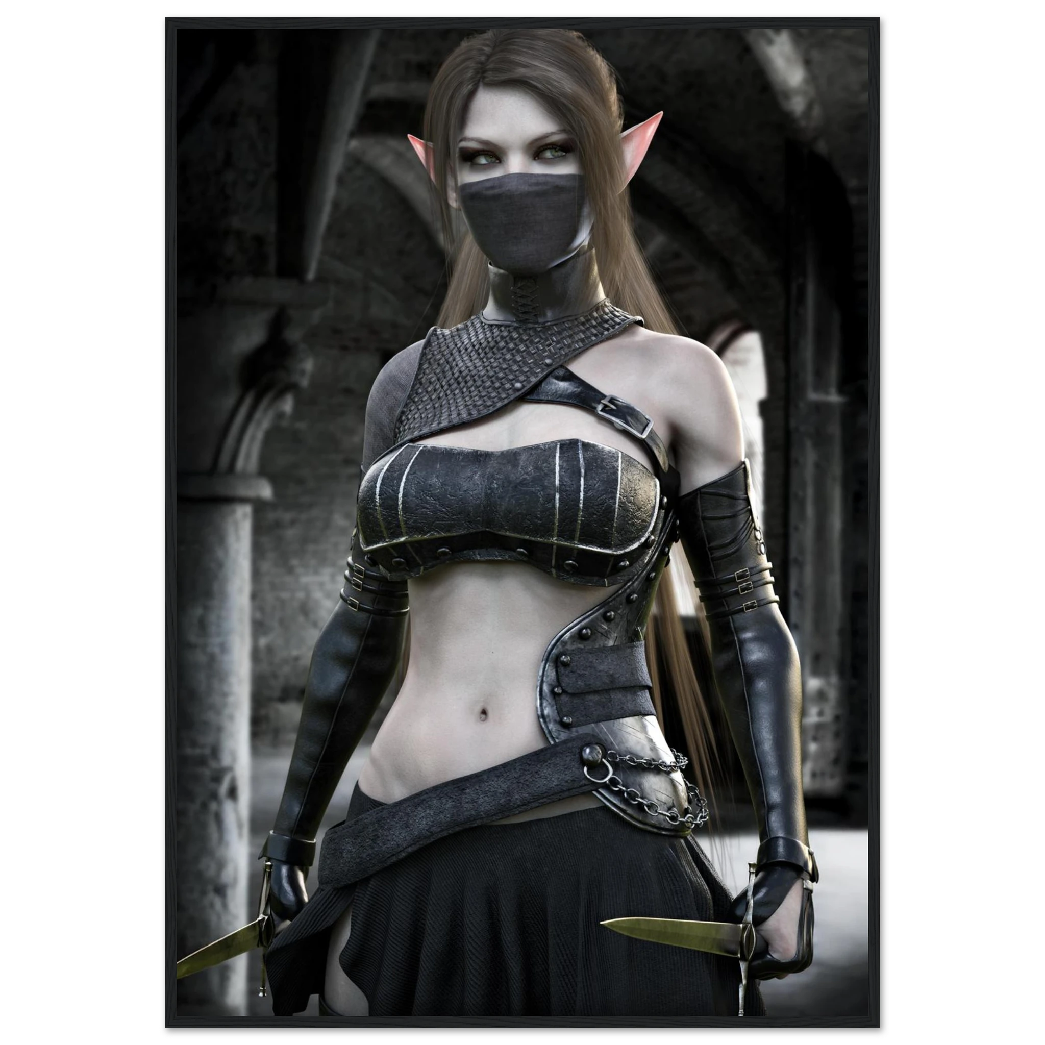 A vertical poster or print featuring a fantasy elf woman with pointed ears, a black face mask, and dark metallic armor, holding two knives in a dim stone corridor.
