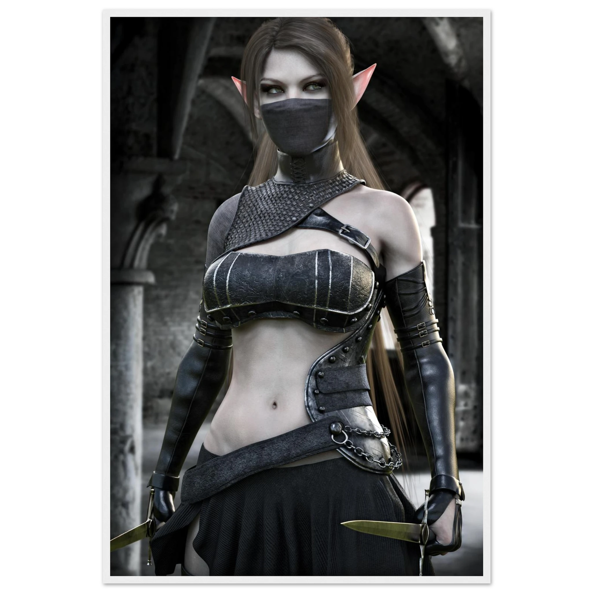 A fantasy elf woman wearing a black leather and metal armor-style outfit with pink pointed ears, a black face mask, and a black skirt, standing in a stone archway setting.