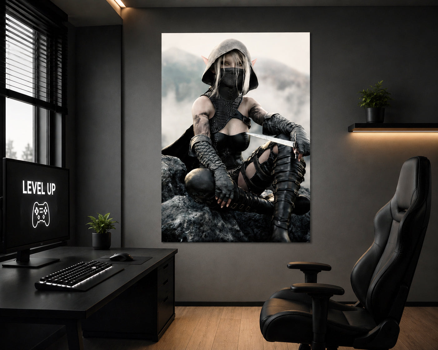 Dark elf assassin with silver hair and golden eyes, wearing black leather armor and a hooded mask, seated on rocky terrain holding a sword in a misty fantasy landscape.