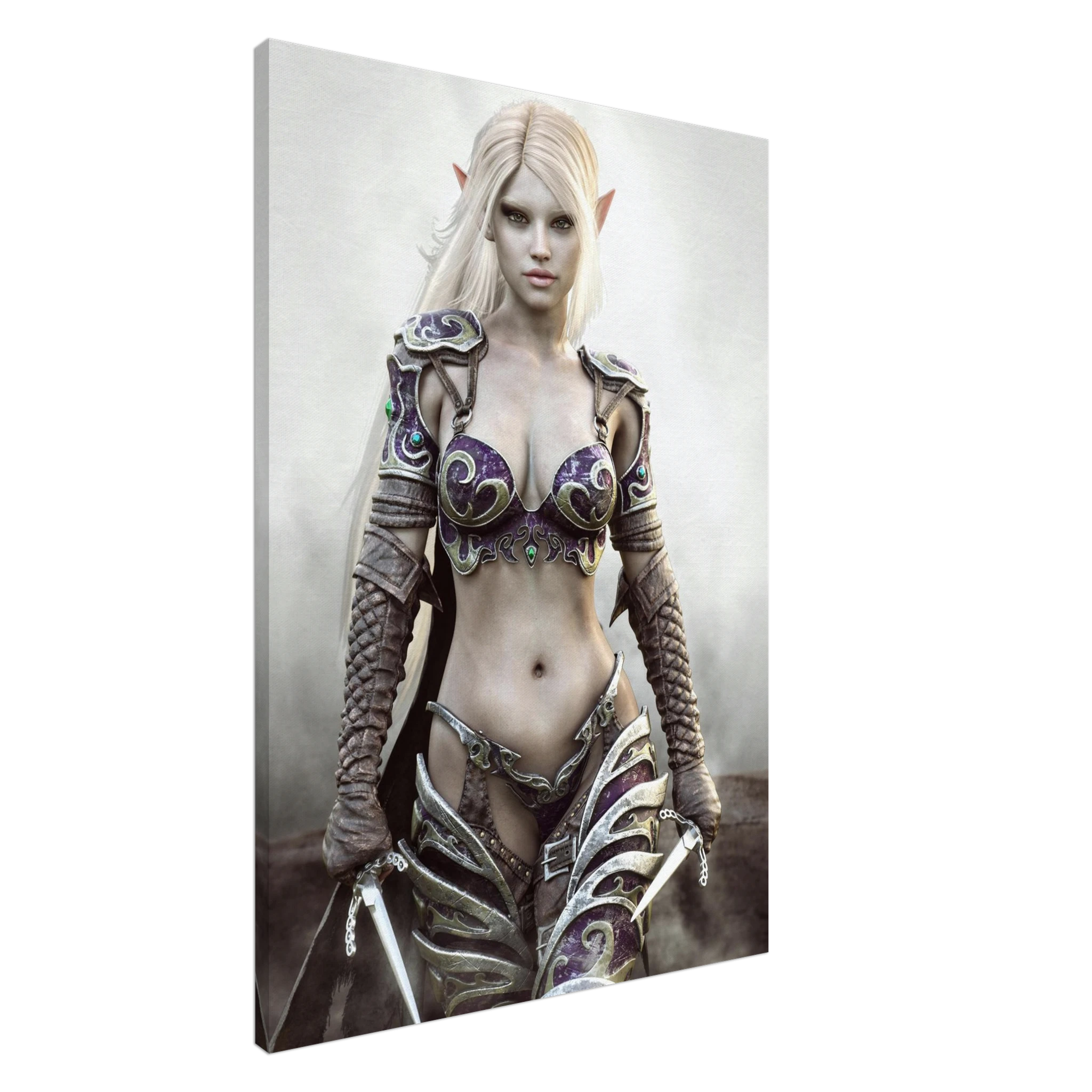 A vertical canvas wall art print depicting a fantasy female elf character with long platinum blonde hair, wearing ornate purple and silver armor, shown against a plain light gray background.