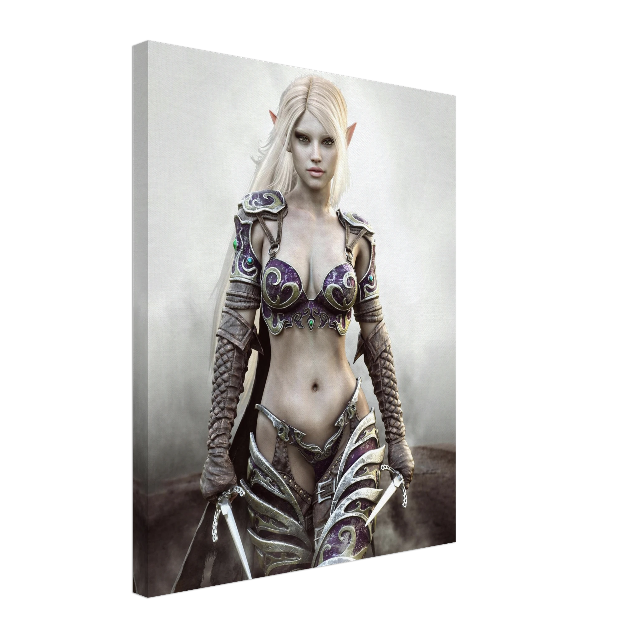 A vertical canvas wall art print featuring a fantasy elf woman with long platinum blonde hair, pointed ears, and ornate metallic armor in silver, purple, and black, shown as a gallery-wrapped canvas on a white background.