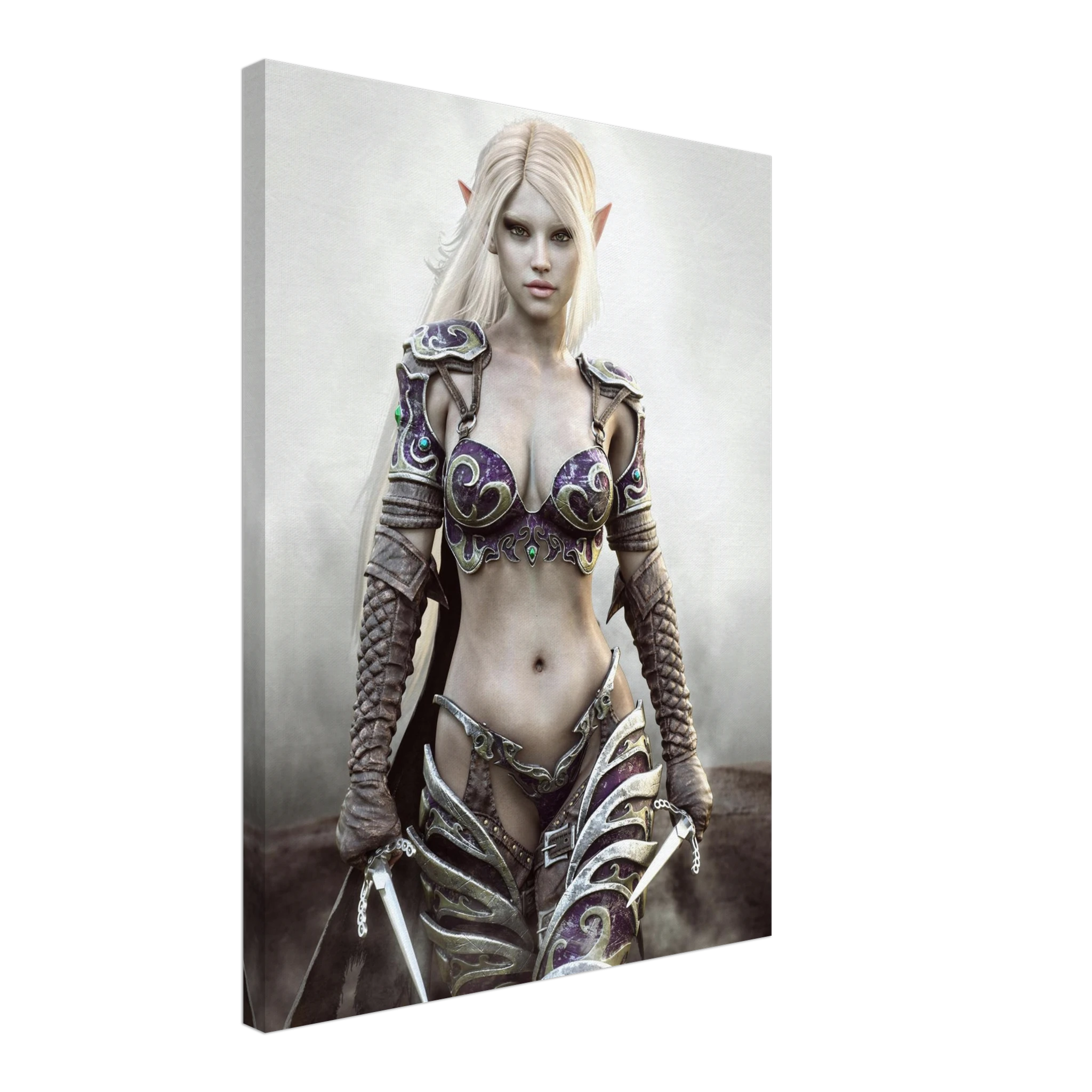 A vertical canvas wall art print featuring a fantasy elf woman with long platinum blonde hair, pointed ears, and ornate armor in purple, silver, and brown tones, shown at a slight angle against a light gray background.