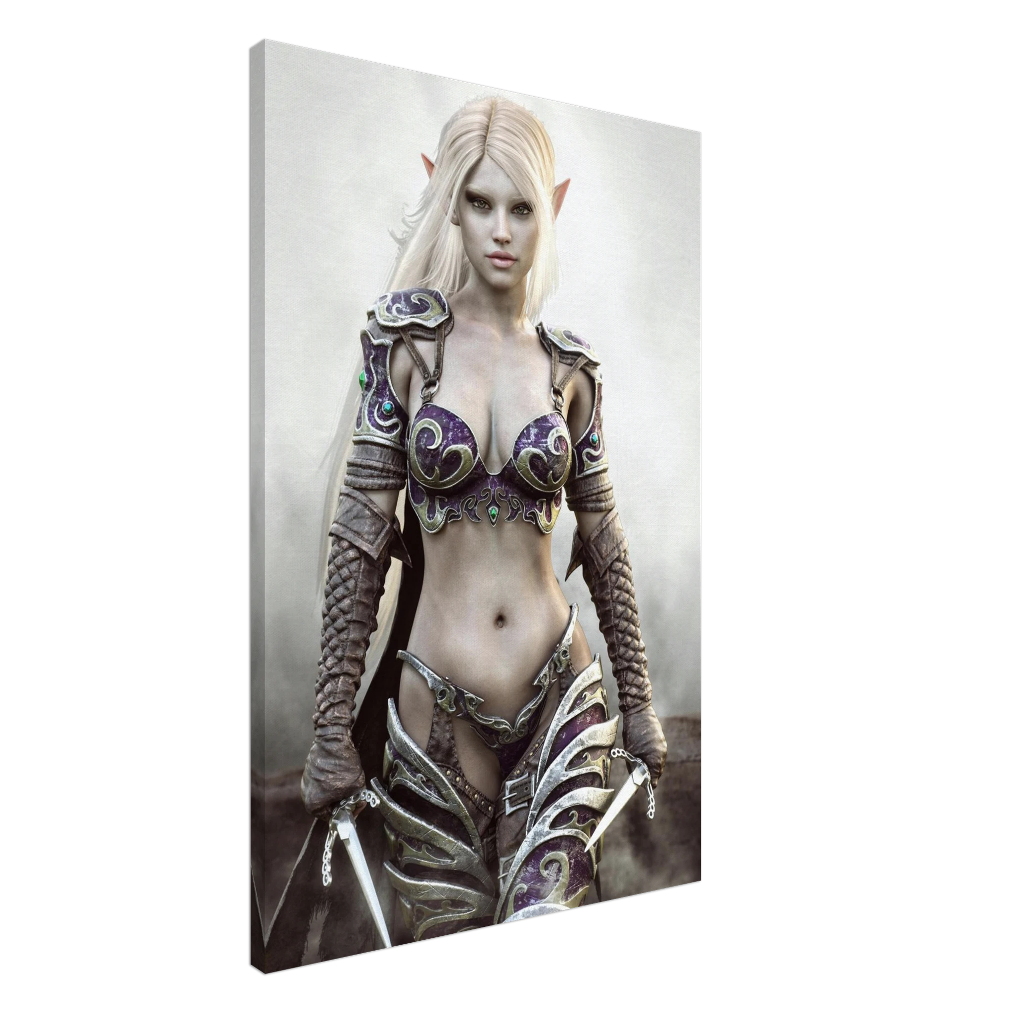 A vertical canvas wall art print depicting a fantasy female elf character with long platinum blonde hair, pointed ears, and ornate dark armor with purple and silver details, shown against a plain light gray background.