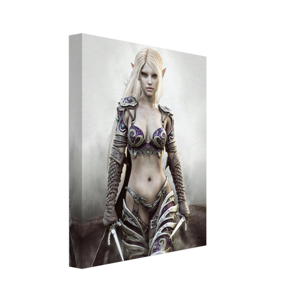 A vertical canvas wall art print featuring a fantasy elf woman with long platinum blonde hair, pointed ears, and ornate armor in purple, silver, and brown tones, shown at a slight angle on a white background.