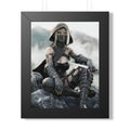 Dark elf assassin with silver hair and golden eyes, wearing black leather armor and a hooded mask, seated on rocky terrain holding a sword in a misty fantasy landscape.