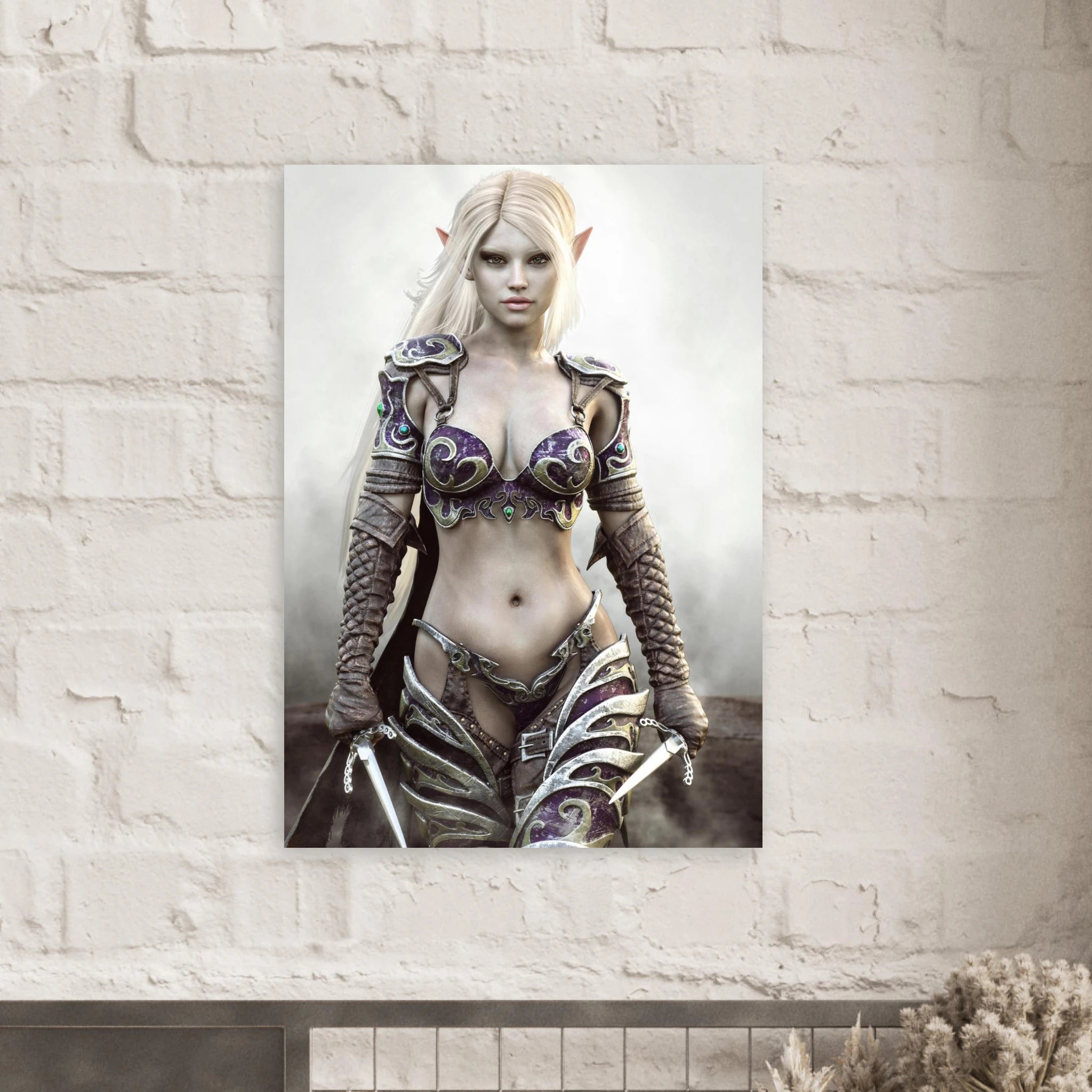 Dark Elf Rogue Assassin wall art featuring a masked female elven warrior with emerald eyes, engraved silver armor, a razor-sharp dagger, and a quiver of arrows in an enchanted forest. Handcrafted fantasy artwork perfect for gaming rooms, RPG fans, and medieval fantasy décor.