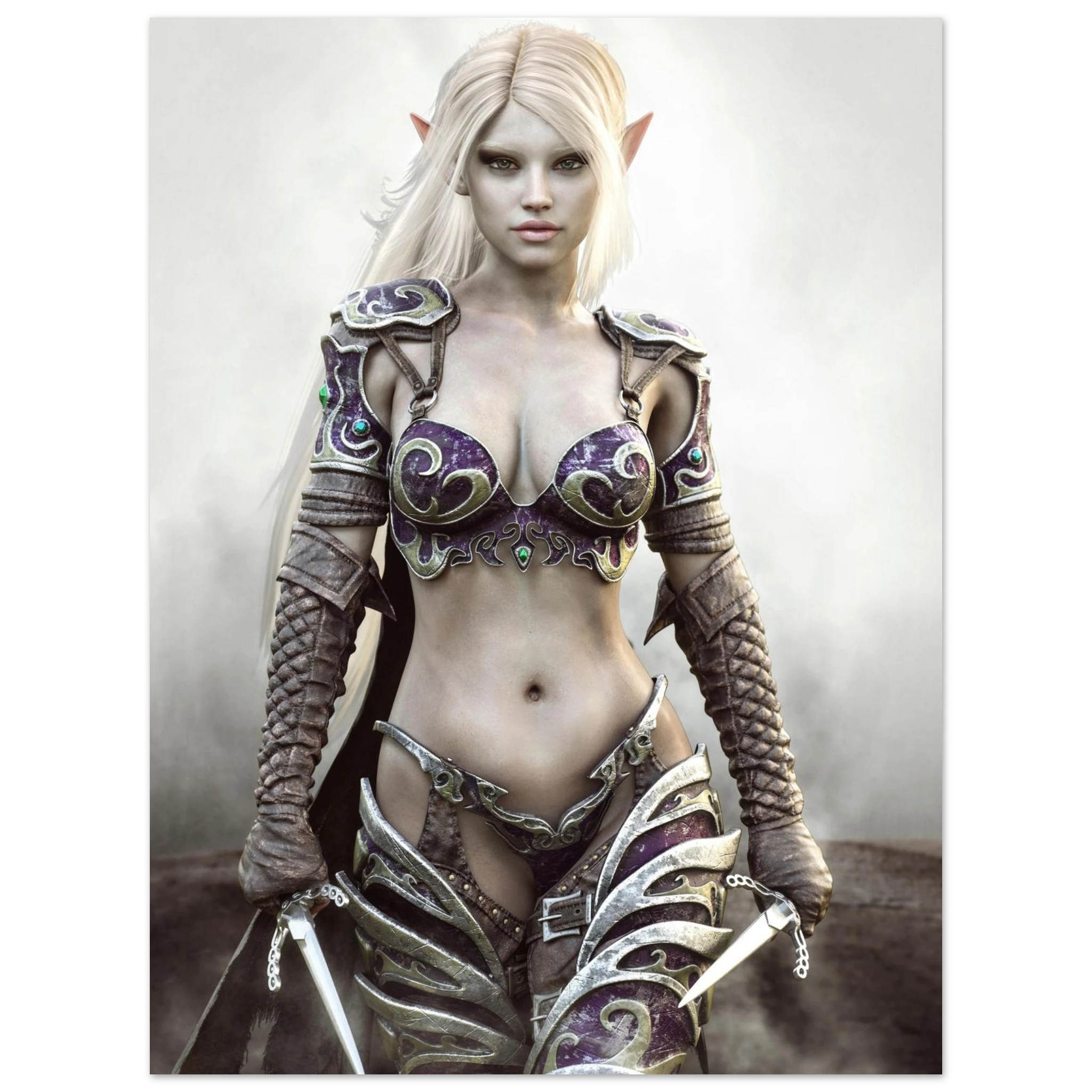 A fantasy art print of an elf female warrior with long white hair, wearing ornate purple and silver armor, holding swords, set against a misty gray background.