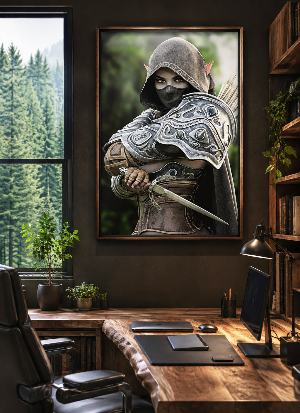 Dark elf assassin wall art featuring a hooded female rogue in ornate armor, wielding a dagger and arrows, standing alert in a forest setting.