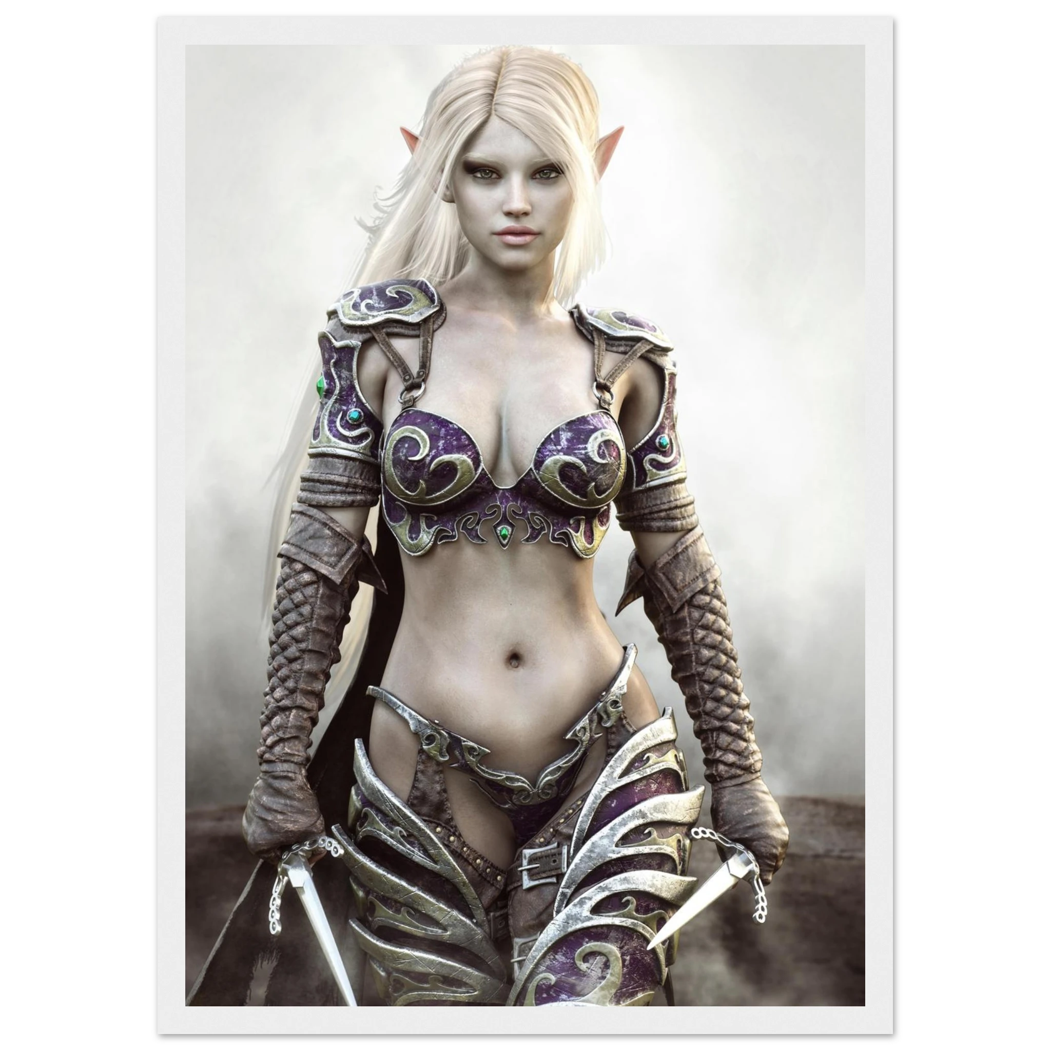 A vertical art print featuring a fantasy female elf character with long platinum-blonde hair, pointed ears, and silver armor with purple accents, holding swords. The print is centered on a white background.
