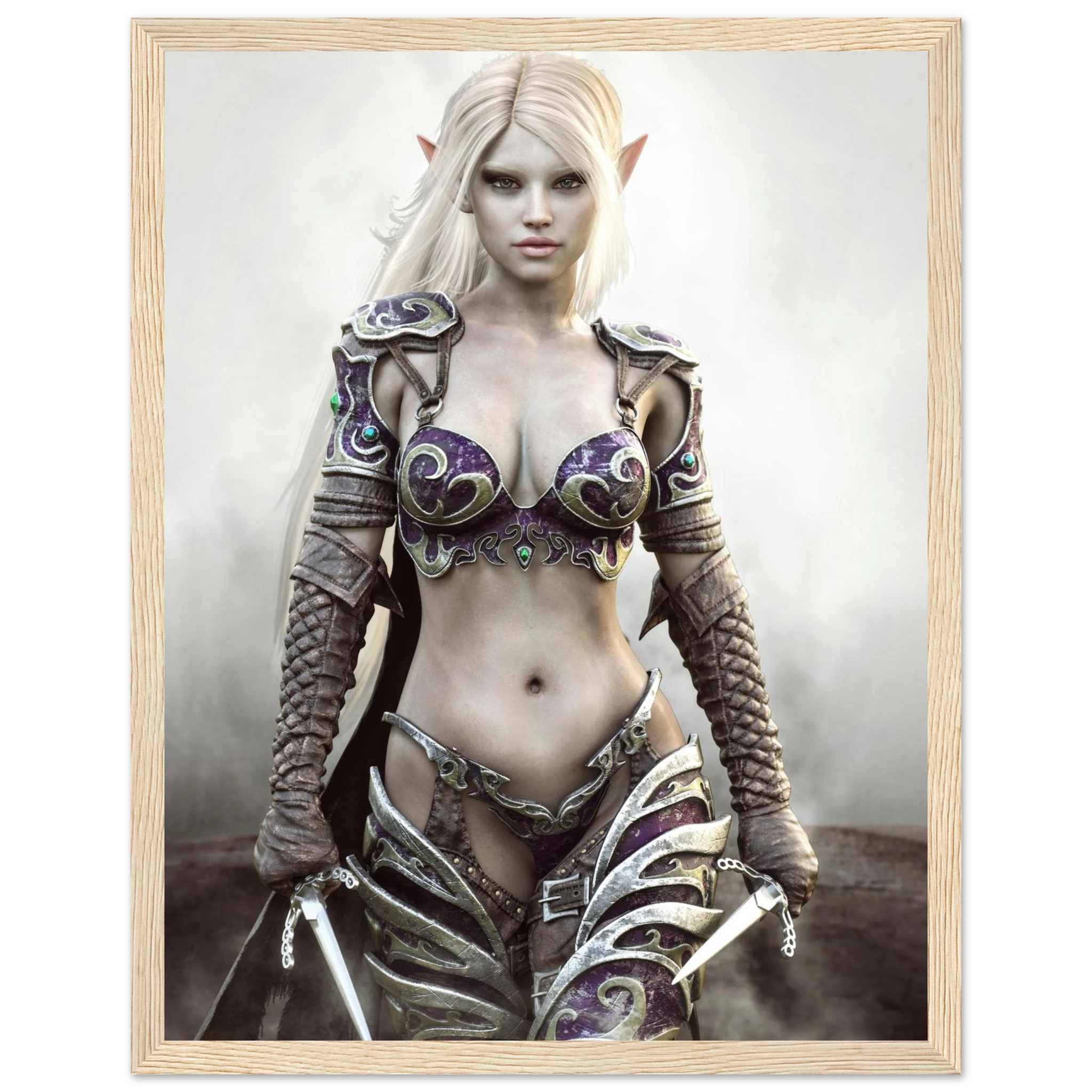 A framed fantasy art print featuring a blonde female elf warrior with pointed ears, wearing ornate purple and silver armor, set against a misty gray background. The print is enclosed in a light natural wood frame.
