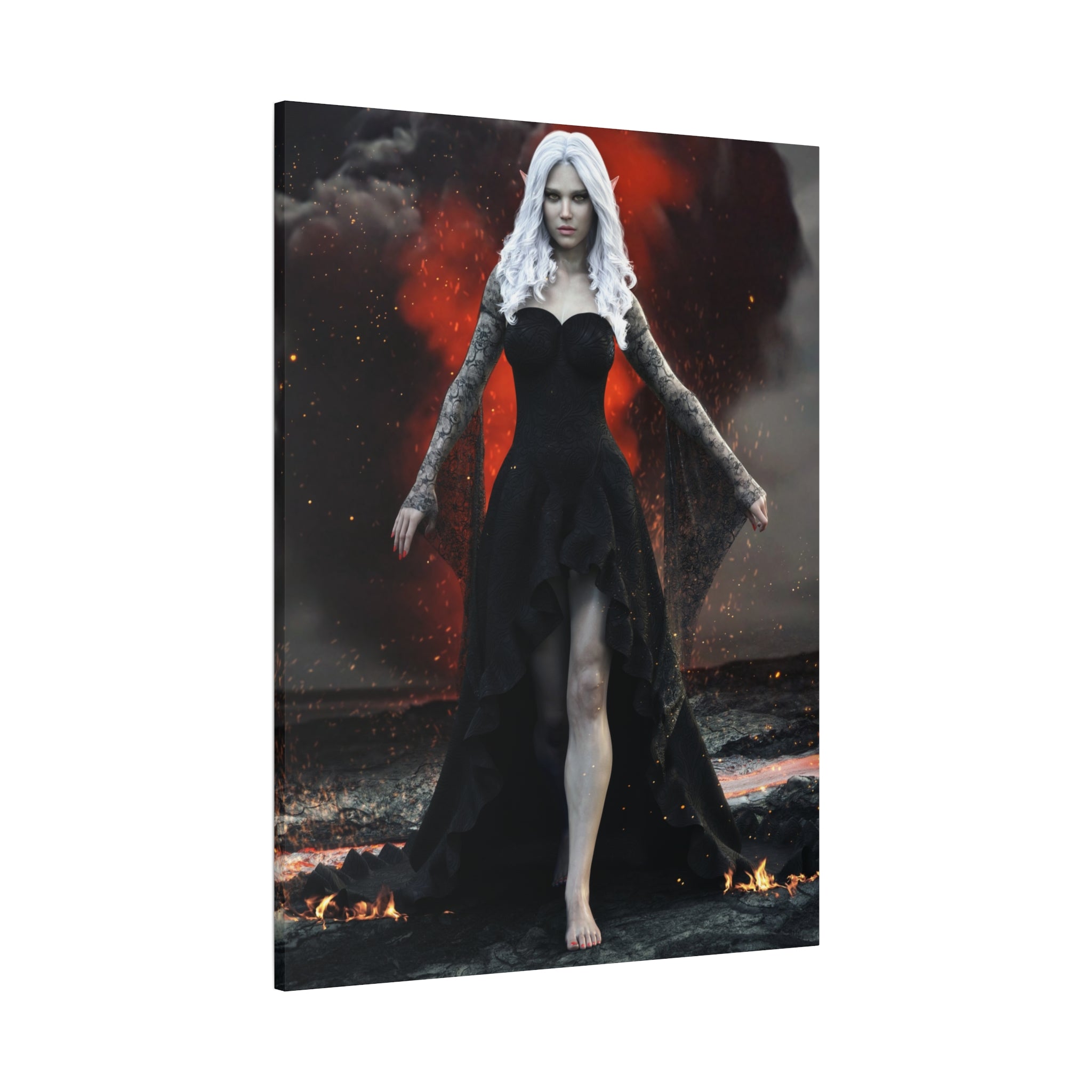 Fantasy wall art of a dark elf sorceress with flowing white hair and a black gown, walking through lava, fire, smoke, and glowing embers.