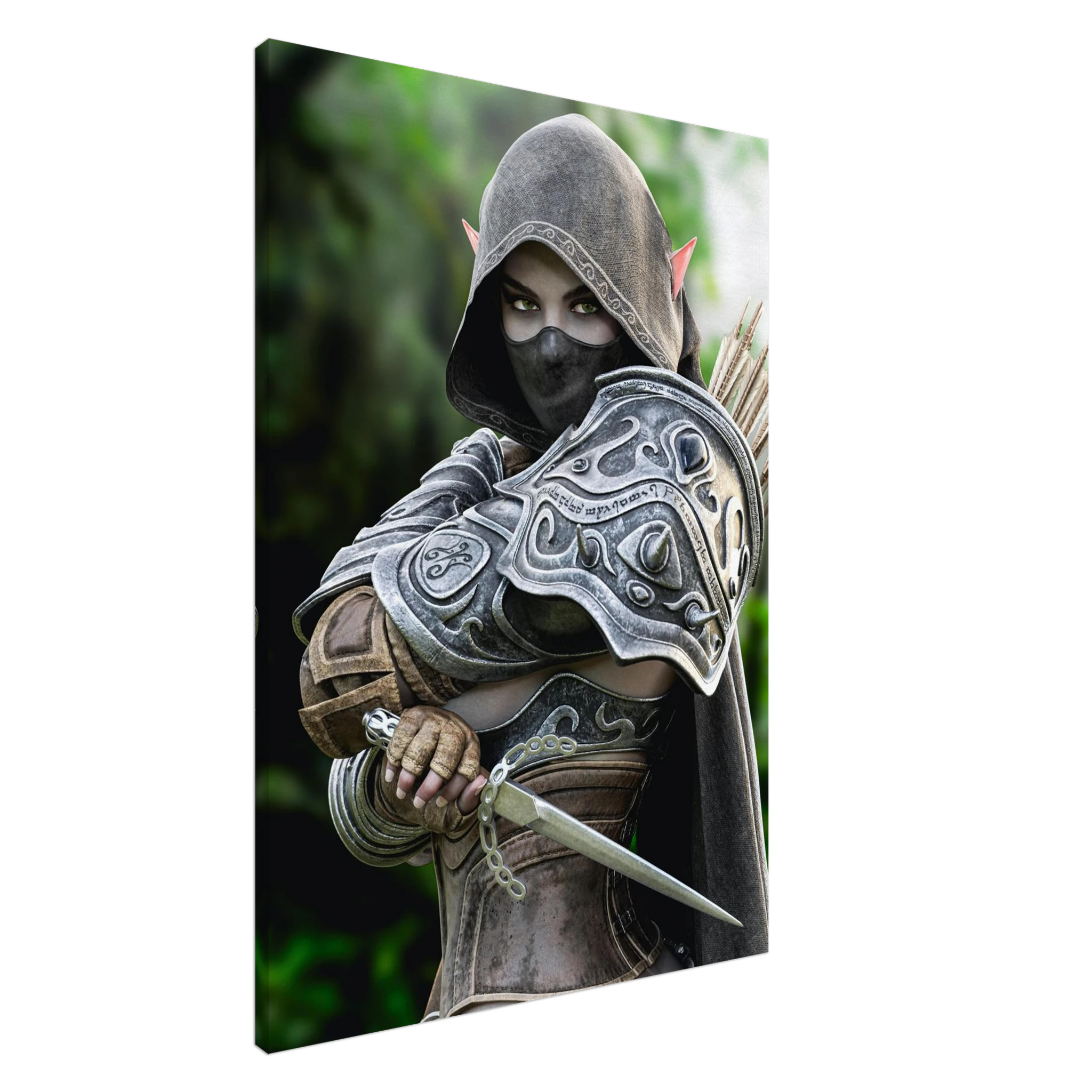 Hooded Dark Elf Rogue Assassin wall art featuring a masked female elven warrior with emerald eyes, engraved silver armor, a razor-sharp dagger, and a quiver of arrows in an enchanted forest. Handcrafted fantasy artwork perfect for gaming rooms, RPG fans, and medieval fantasy décor.