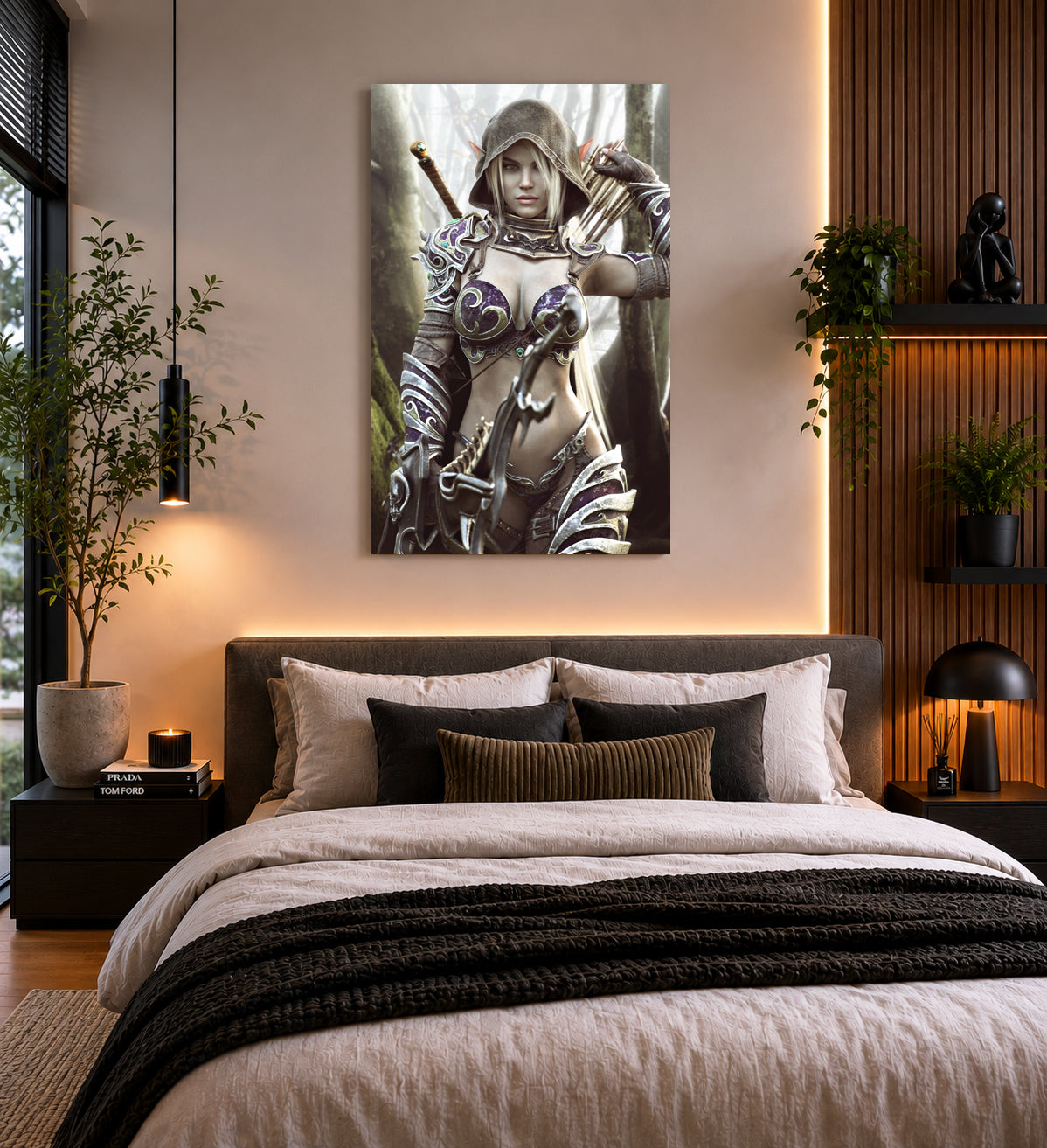 Fantasy wall art featuring a hooded dark elf archer in ornate purple armor, aiming a detailed bow in an enchanted forest filled with mystery.