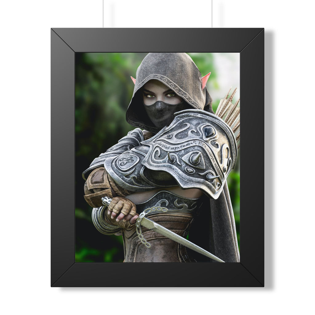 Dark elf assassin wall art featuring a hooded female rogue in ornate armor, wielding a dagger and arrows, standing alert in a forest setting.